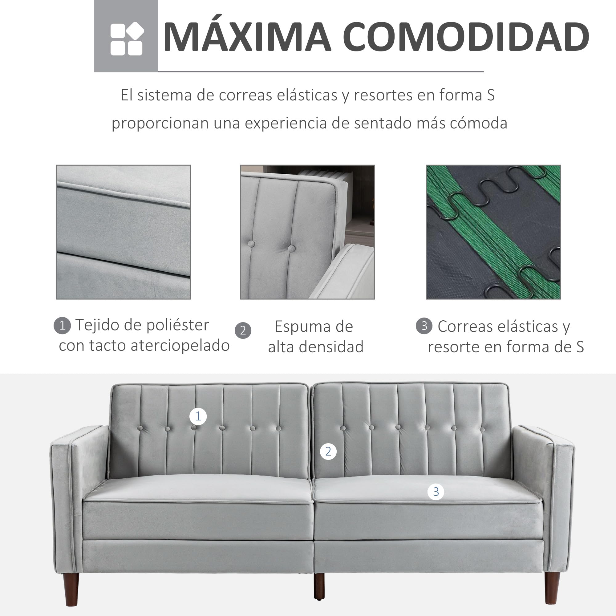 HOMCOM Sofá de 3 Plazas Convertible en Cama Tapizado en Terciopelo con Respaldo Ajustable y Patas de Madera Sofá Moderno para Salón Oficina 189x81x83,5 cm Gris