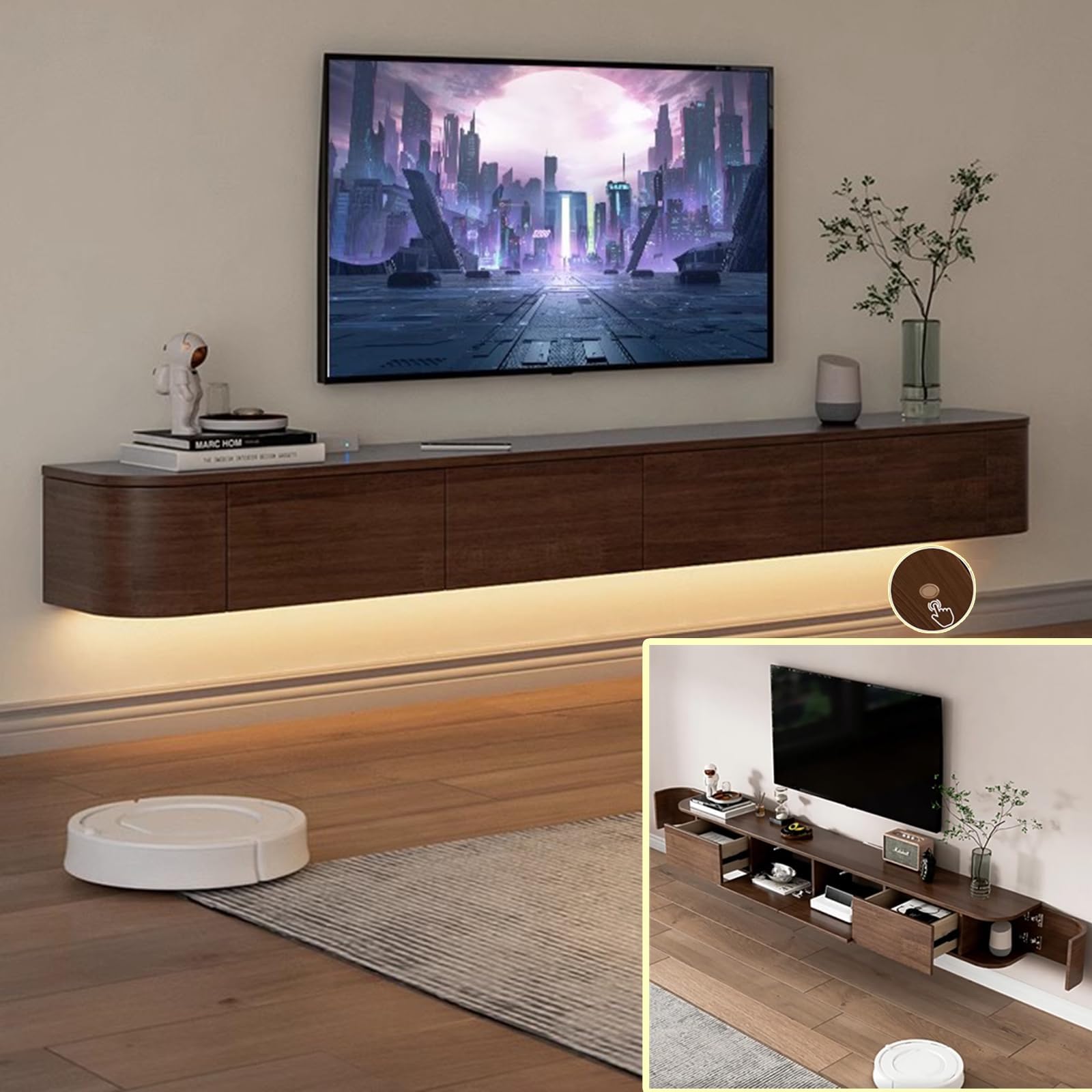 Floating TV Stand, Solid Wood Wall TV Shelf with Door, TV Media Console, Wall Mounted TV Cabinet with Large Storage Space, TV Bench for Under TV (Brown + LED, 240 x 30 x 20 cm)