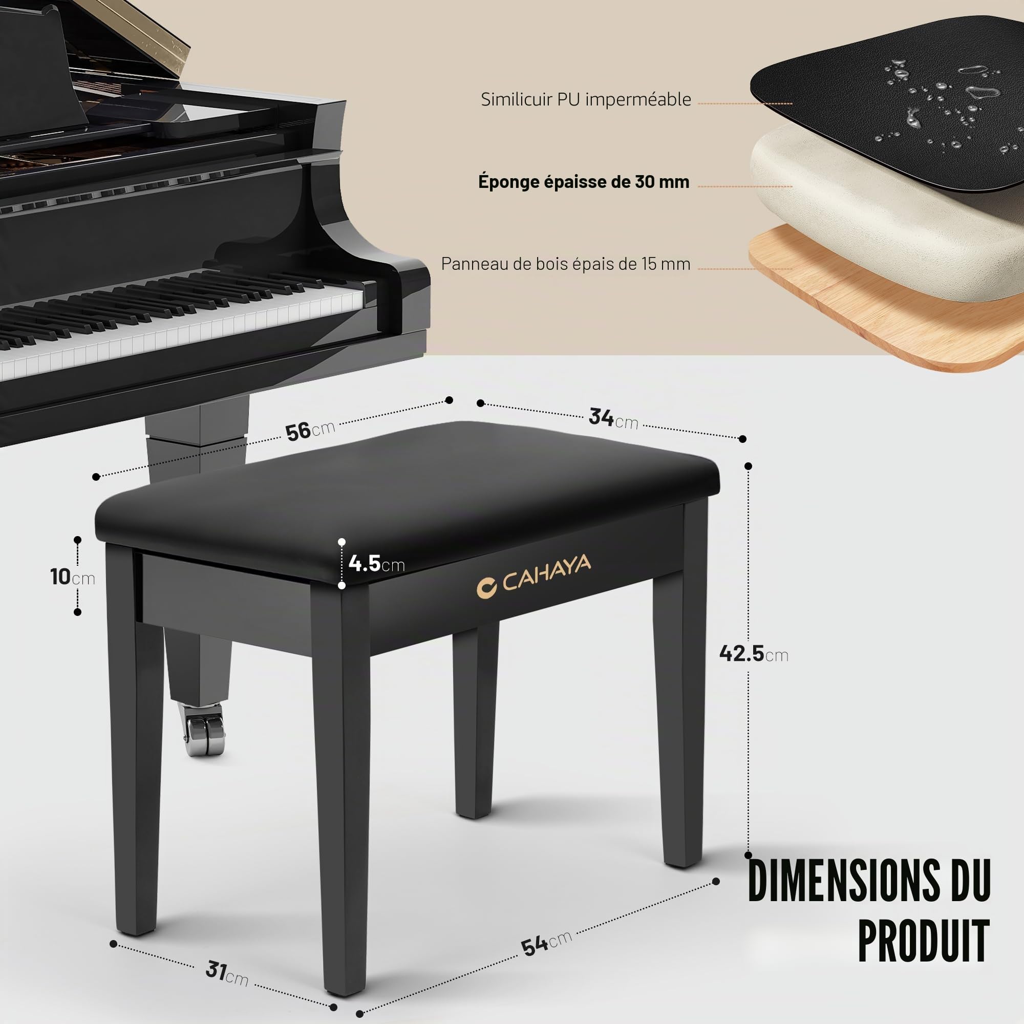 CAHAYA Banc de Piano Multifonction en Bois: Banc en Bois Massif avec Espace de Rangement, 56×34 cm, Assise rembourrée en PU, capacité 150 kg, Noir, CY000397