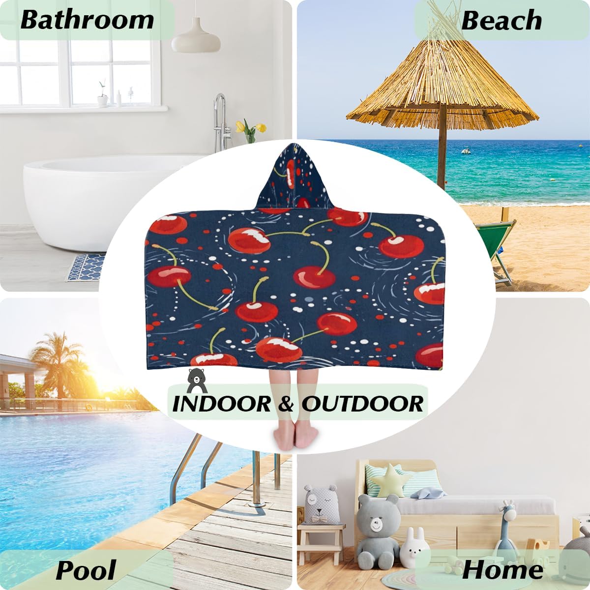 Pardick Kids Bath Towel Fruit Cherry Beach Towel with Hood Pool Cover Up for Girls Boys Soft Absorbent Hooded Bath Towel Toddler Towels for Beach, Pool