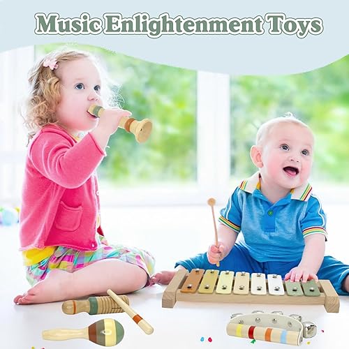 Miniatura 5 de Instrumentos musicales para bebés, juguetes Montessori de madera para niños pequeños, juego de instrumentos de percusión de colores neutros,
