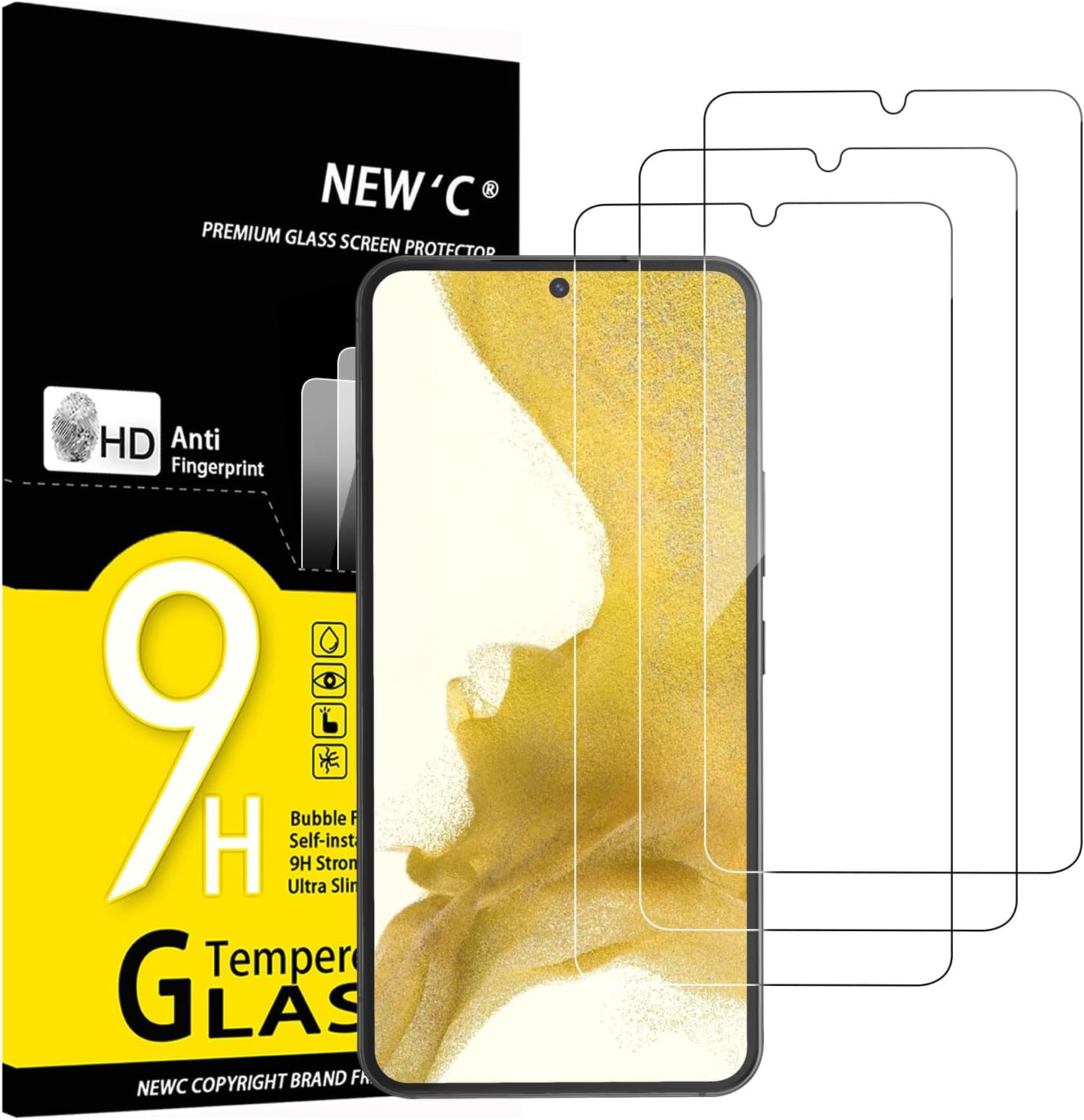 Set of 3 NEW'C Glass Film for Samsung Galaxy S22 Full Protective Tempered Glass LCD Screen Protector [No Floating/9H Hardness/0.26mm]