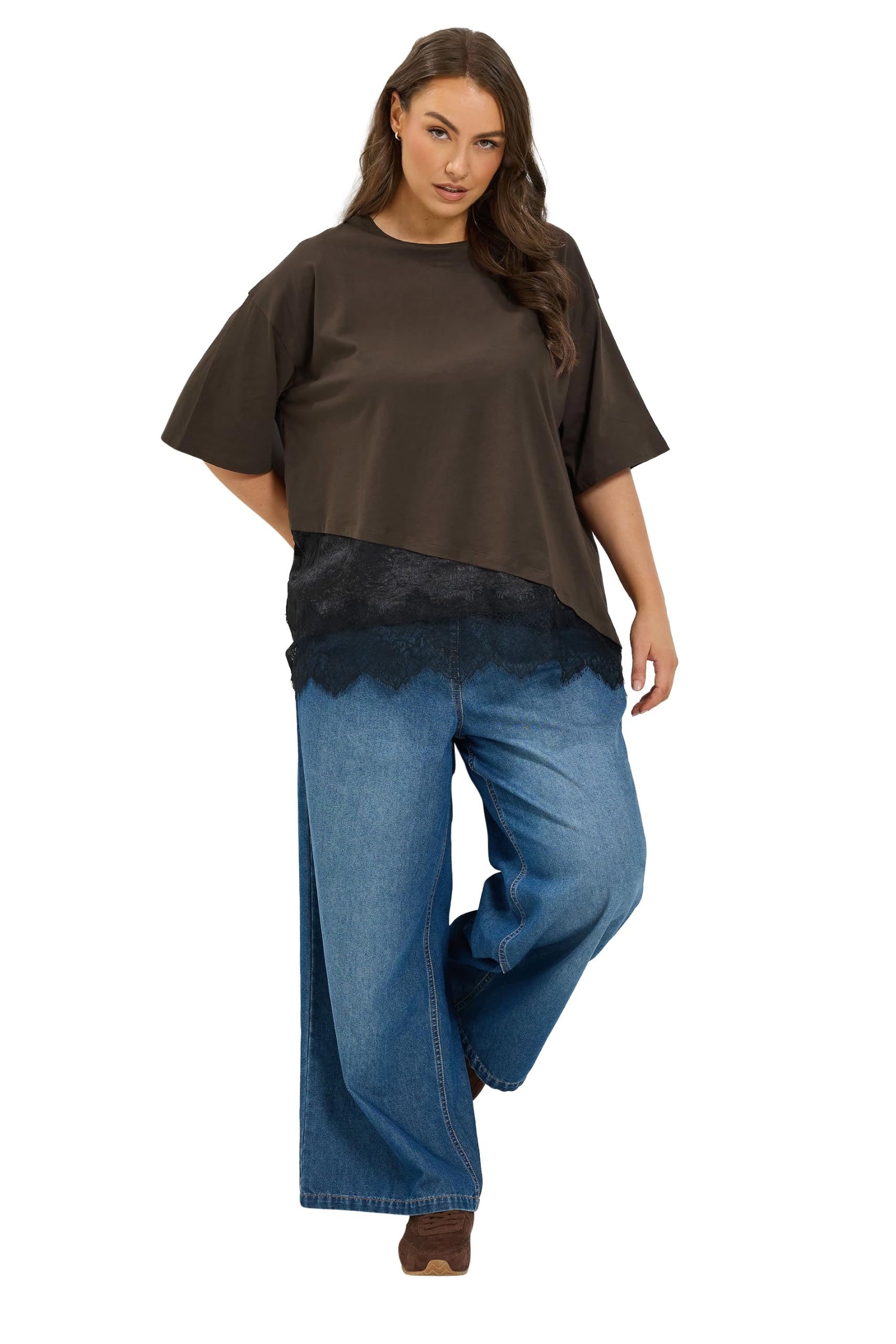 Yours Women's Chocolate Asymmetric Lace Hem Cotton T-Shirt In | Size: 22/24
