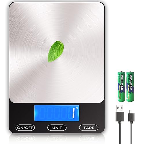 Báscula de alimentos recargable - Báscula digital de cocina de 33 libras para alimentos Gramos de onzas Baterías de acero inoxidable 304 y carga