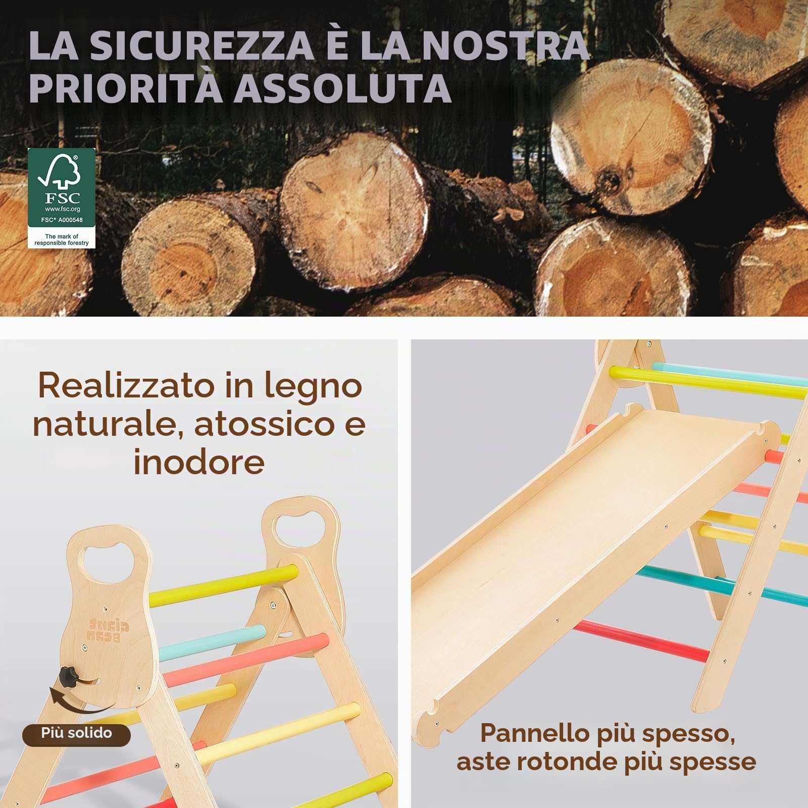 Giant bean Trianglello per Arrampicata Montessori 5 in 1 con Arco da Scalata e Scivolo, Struttura in Legno per Bambini 2-5 Anni