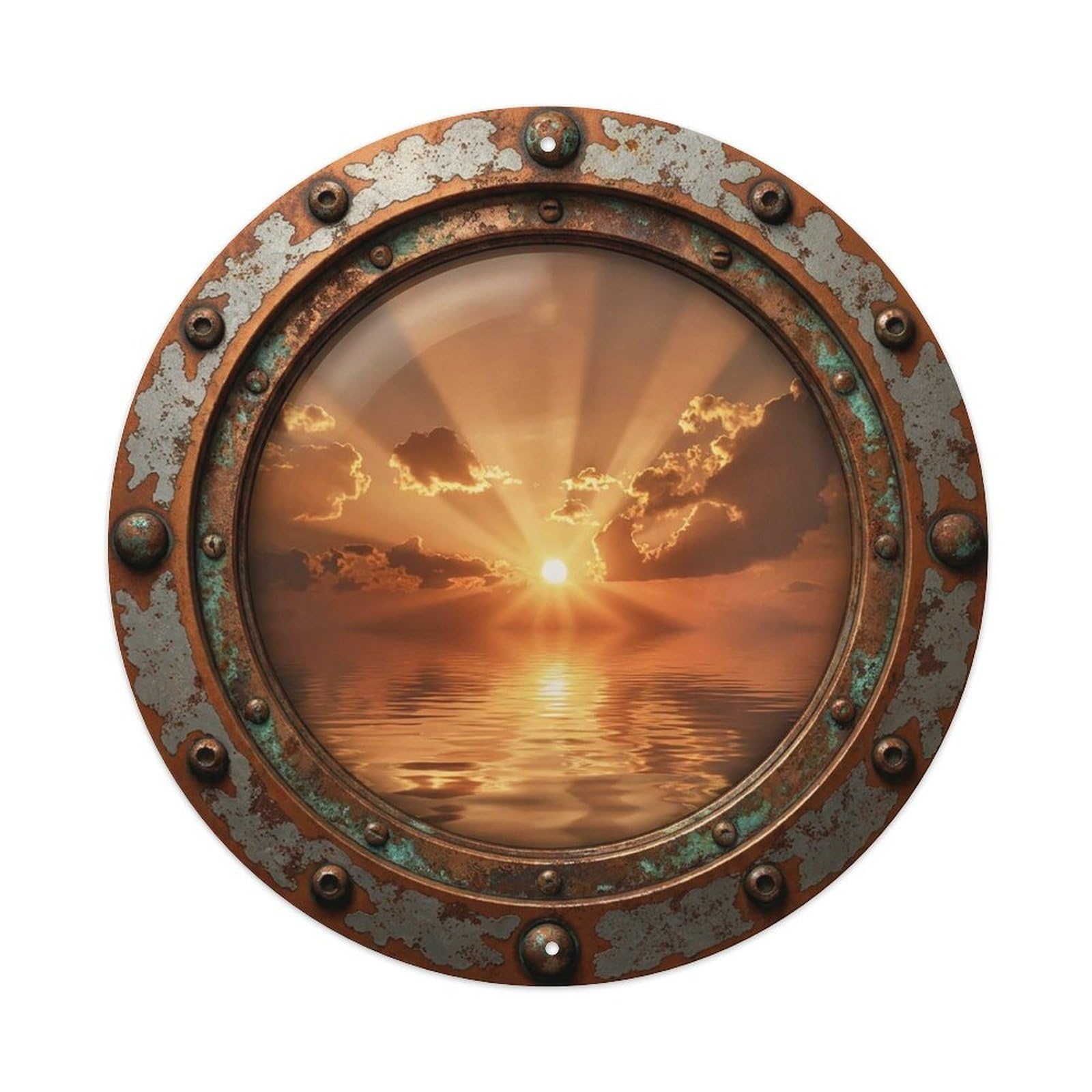 Vintage Porthole Copper Sunset Nautical Window View Vintage Metal Tin Sign Plaque Wall Decor for Cafe, Club Bar, Office, Garden Metal Poster 8x8Inch