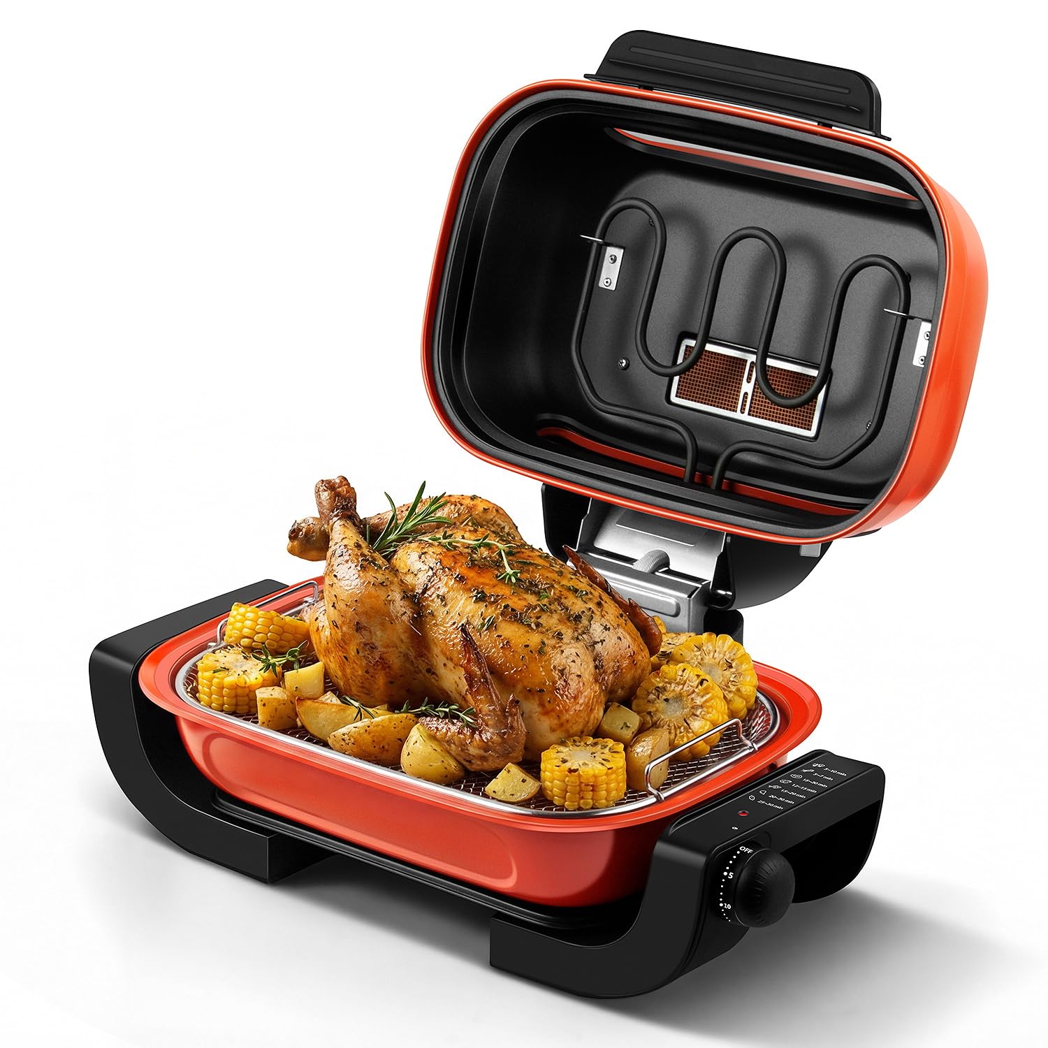 Close-up of the control knob with timer settings and examples of cooked food