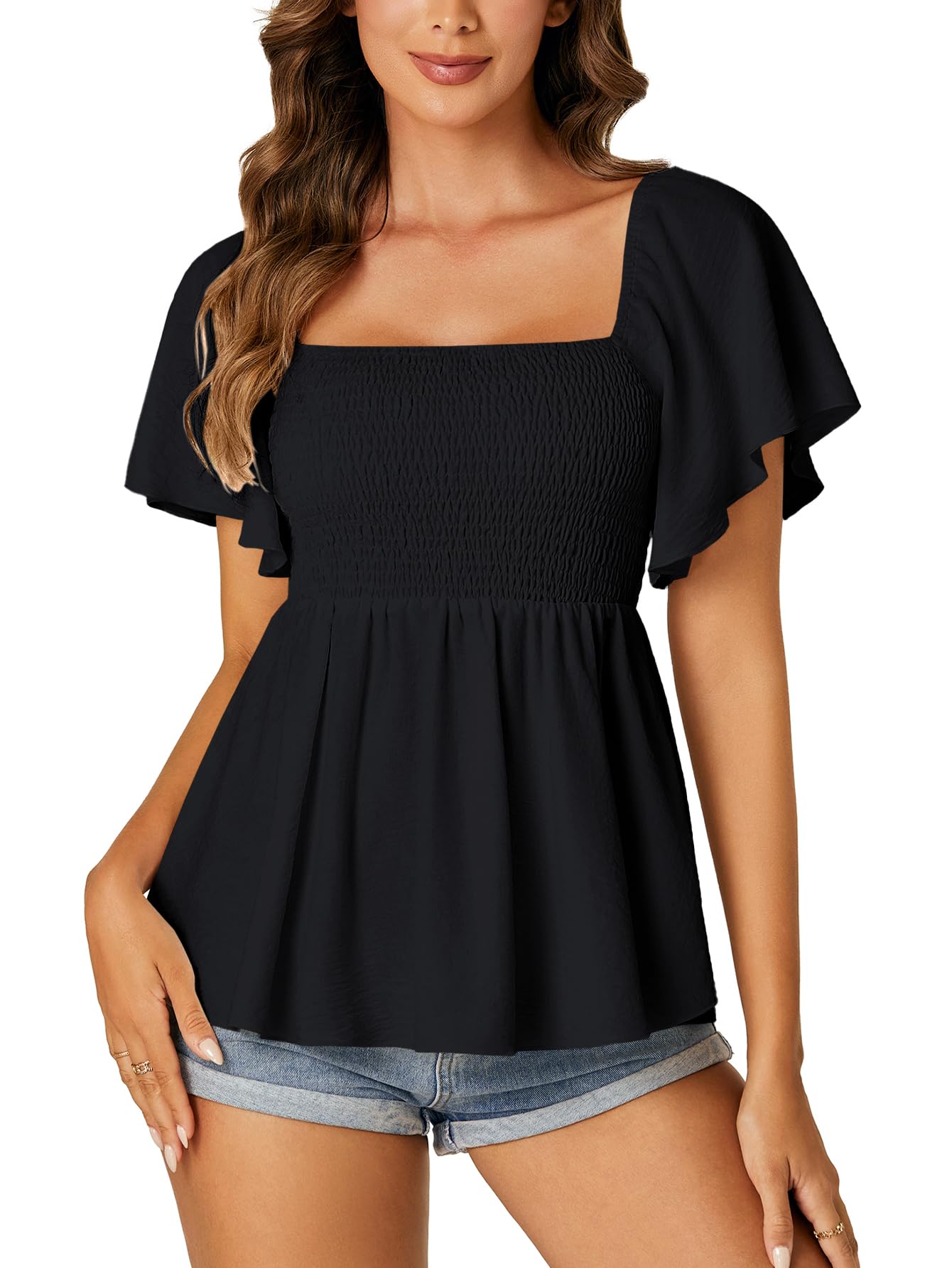 LYANER Camicetta Babydoll arricciata a maniche corte con volant e punto smock da donna con scollo quadrato