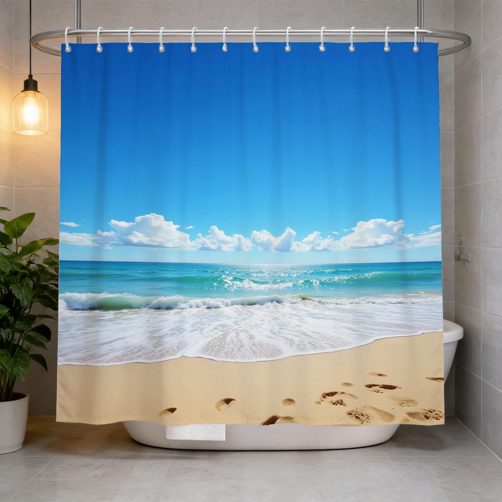 Hongduo 3D Beach Scene Shower Curtain for Stalls Bathtubs Sandy Beach Bathroom Decor Shower Curtain Set Polyester Fabric Waterproof 200x200cm/79X79 Inch with Hooks