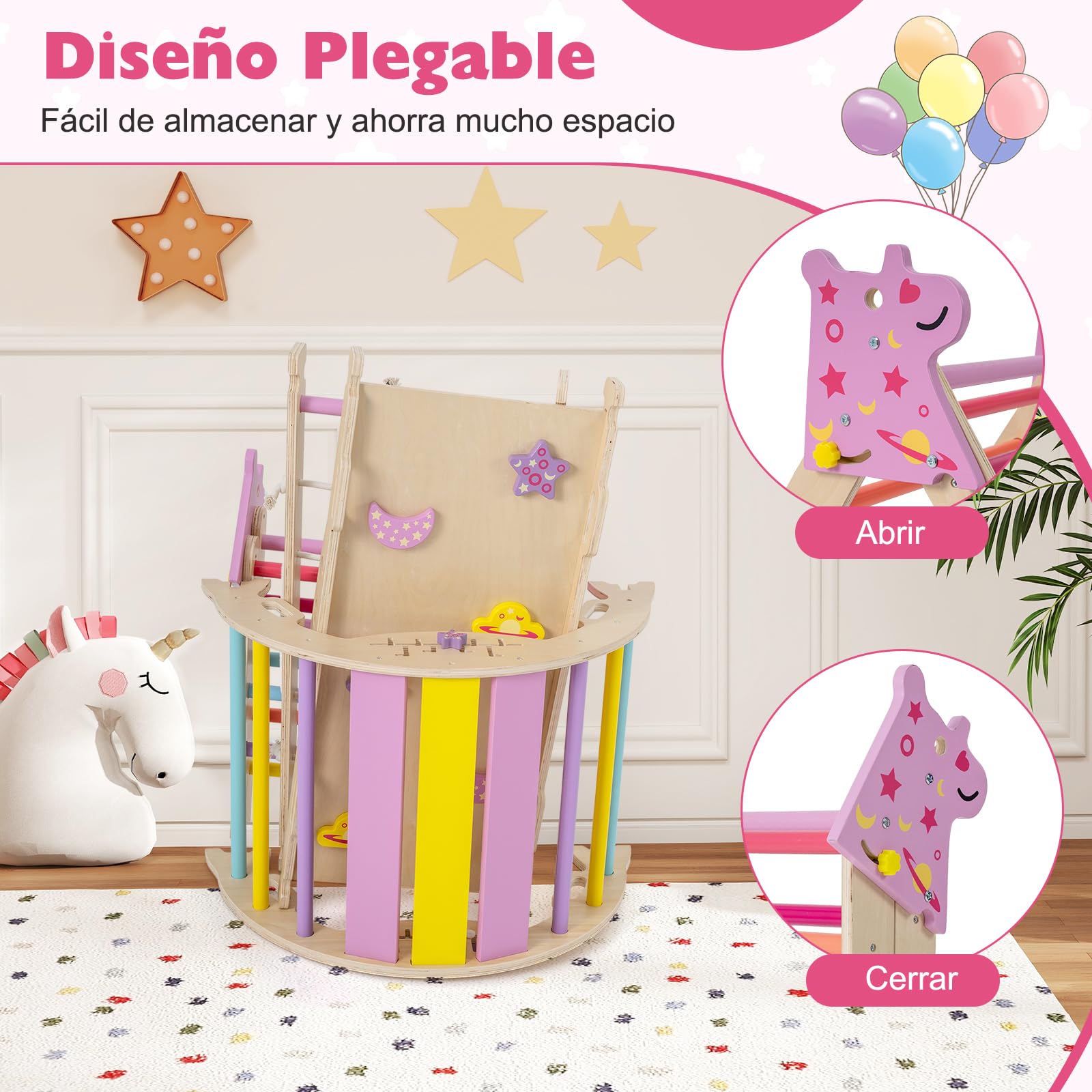 GOPLUS Triángulo de Escalada 9 en 1, Montessori Escalador Infantil Plegable con Tobogán, Estructura de Escalada con Arco, Rampa, Slide Aprendizaje para Niños de 1+ Año, Carga 50KG (Macaron,Unicornio)
