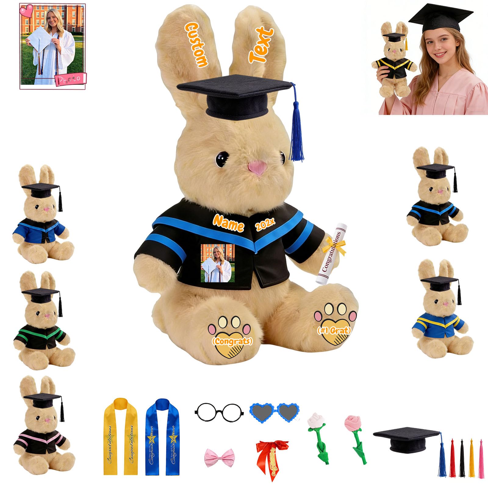 FAHOXUMR 2026 Personalised Graduation Bunny Plush with Date and