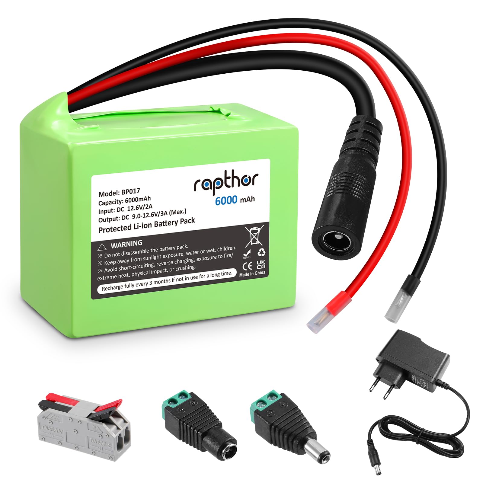 Rapthor Batteria di ricarica da 6000 mAh, 12 V DC, per batteria agli ioni di litio, con caricatore da 6 Ah e spina DC5521 per router, telecamere CCTV, strisce LED, veicoli RC, strumenti fai da te e