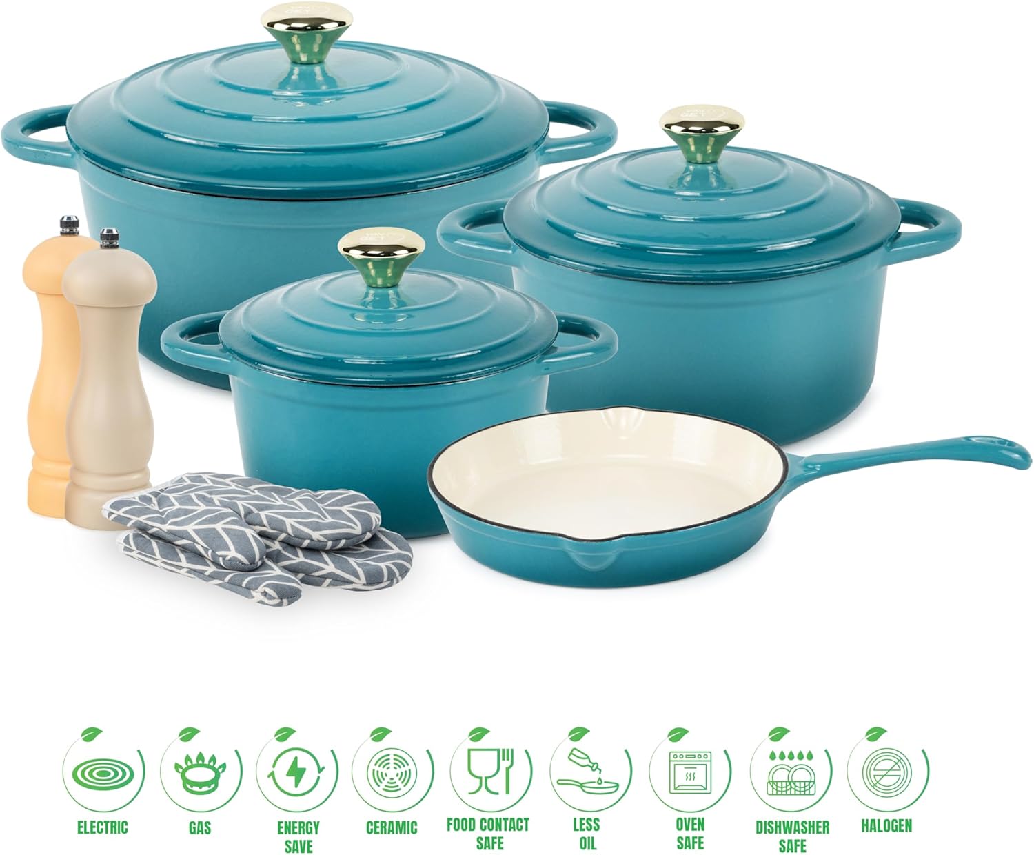 Healthy and Safe, Non-Stick Enameled 7-PCS SET of Cast Iron Dutch Oven Cookwares. Set includes: 24cm Dutch Oven Fry Pan, 18cm, 21cm, 24cm Dutch Oven Cookwares with Lids, Gloves and Mills.