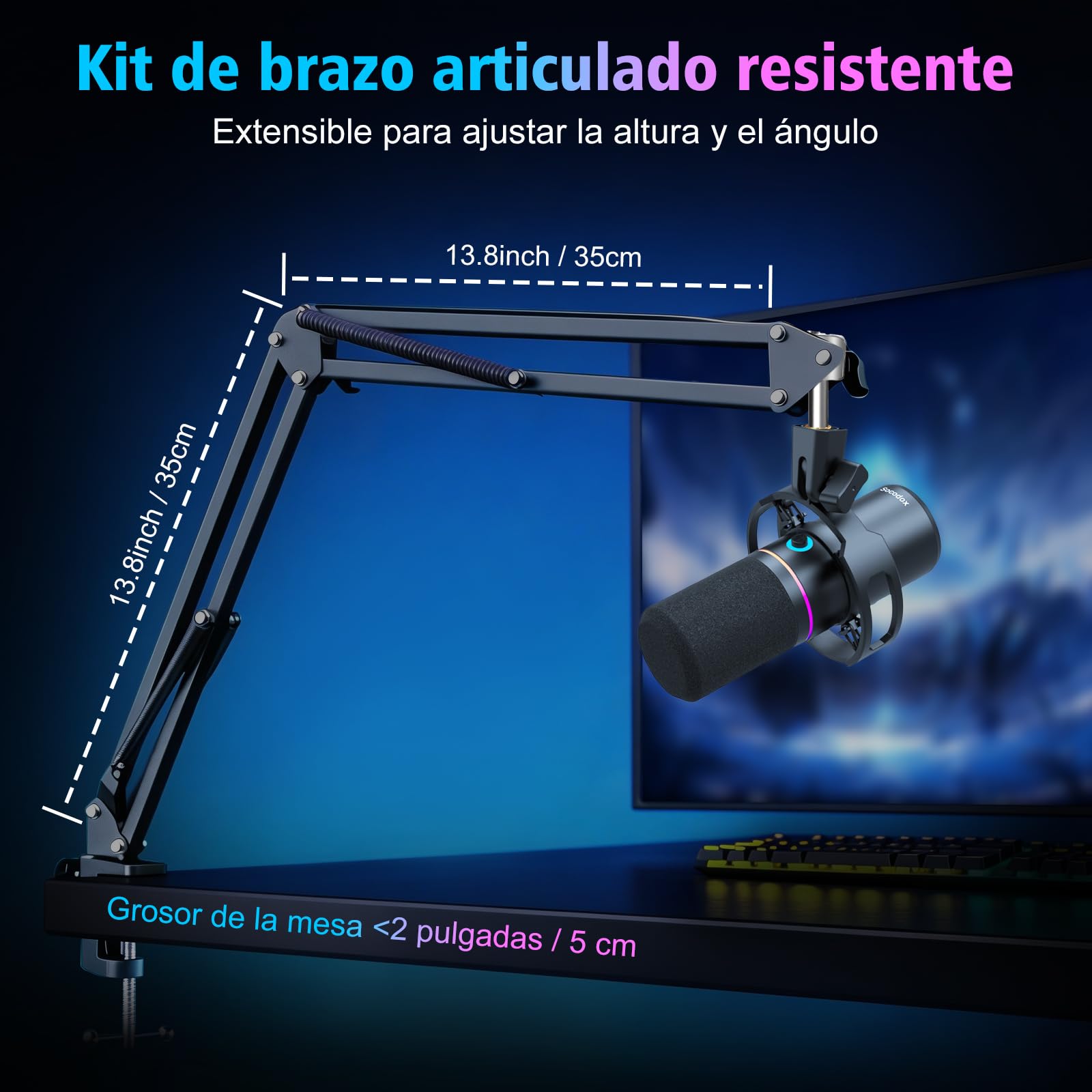 Micrófono para Juegos XLR/USB con Brazo Articulado, Micrófono Dinámico con Silenciamiento con un Solo Toque, Control de Ganancia, Micrófono RGB para Podcasts, Streaming, GrabacióN Y Voz
