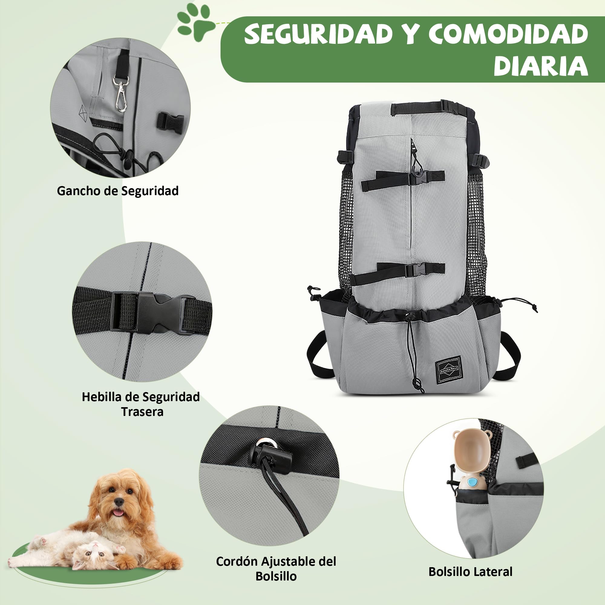 ALLSOPETS Mochila para Perros Ajustable y Portátil, Transportín para Mascotas de Tamaño Pequeño y Mediano para Paseo Senderismo Camping Viaje Escalada (Gris Salvia, M)