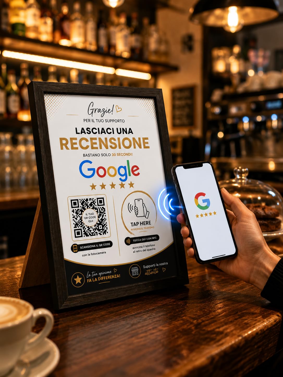 Targa Recensioni Google NFC + QR Code Personalizzata con Cornice 13x18cm | Google Review Stand per Bar Ristoranti Pizzerie Hotel Negozi | Accesso Diretto alle Recensioni