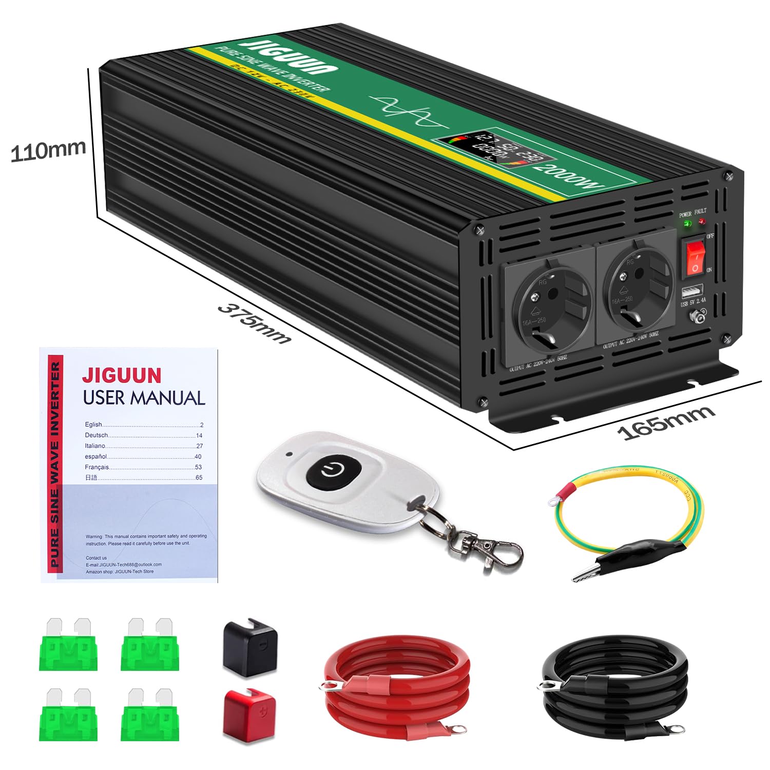 JIGUUN 2000W inverter 12v 220v onda pura Trasformatore con 2 prese EU e una porta USB 2.4A Telecomando senza fili e display LCD Potenza di picco 4000W per camion camper emergenza