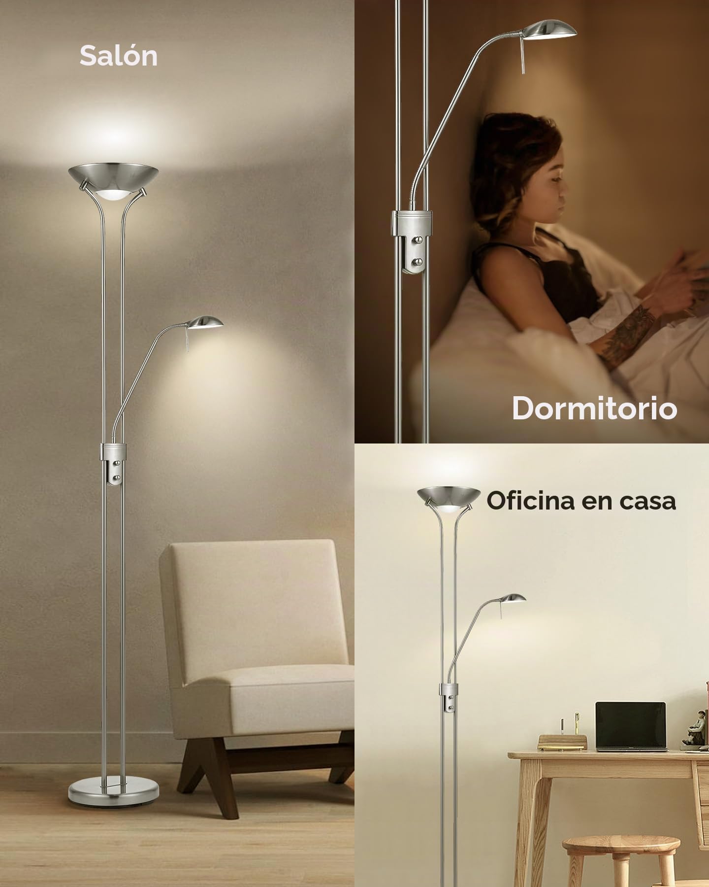 Home Sweet Home Lámpara LED Regulable 180cm - Foco R7s y G9 (Incl.) - Plata Mate Satinada - Flexo de Lectura Salón - Blanco Cálido