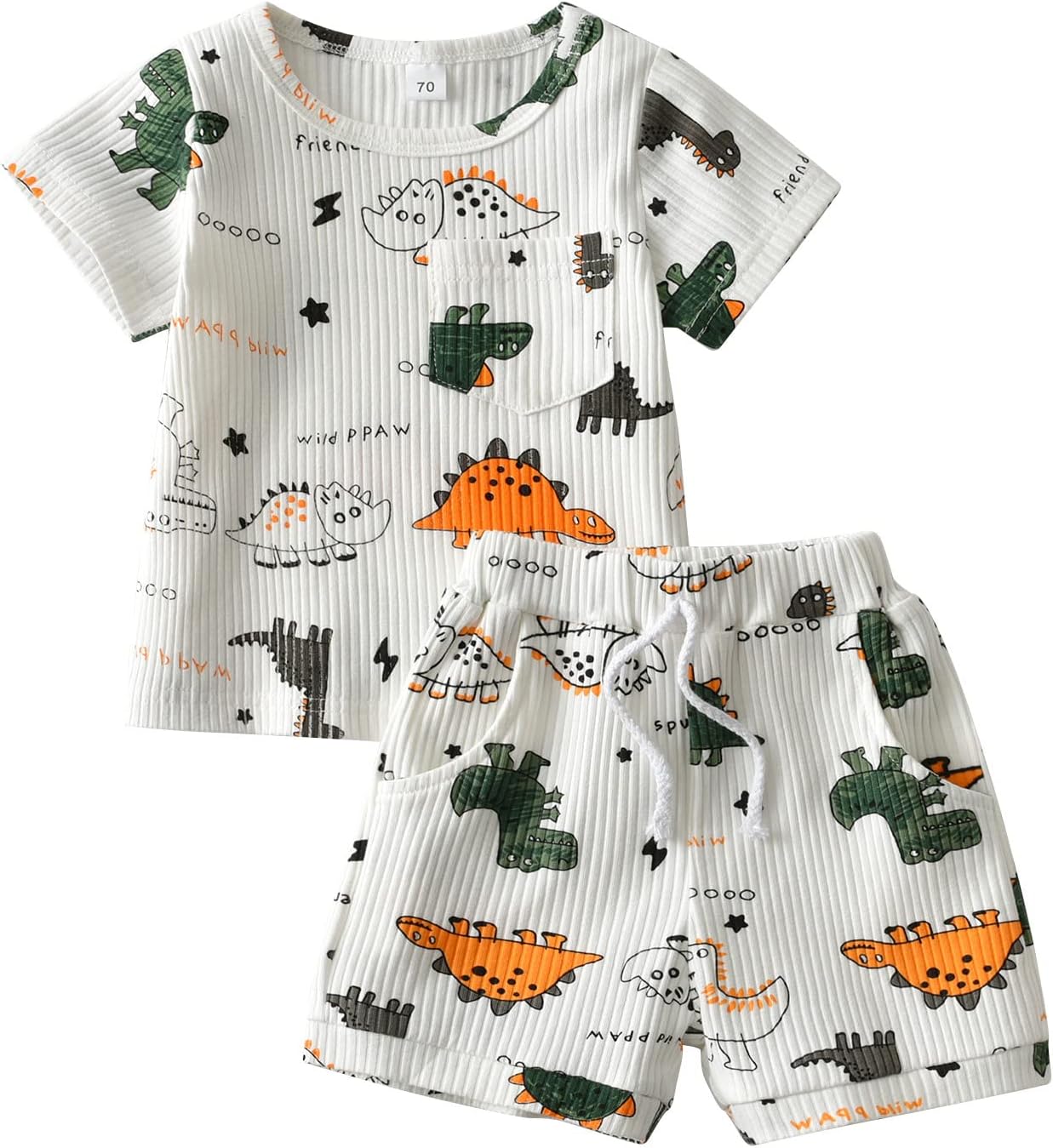 Baby Boy Summer Clothes Dinosaur Print Short Sleeve Tops + Casual Shorts Outfit Set White （12-18 Months） (581-A)