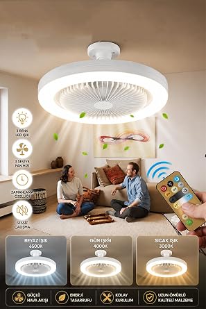 Neo Vista LED Tavan Vantilat r  Uzaktan Kumandal  3 Kademeli Fan & 3 Renk I k ve Zaman Ayarl  Modern Floresan Tip Lamba [Enerji S n f  A]
