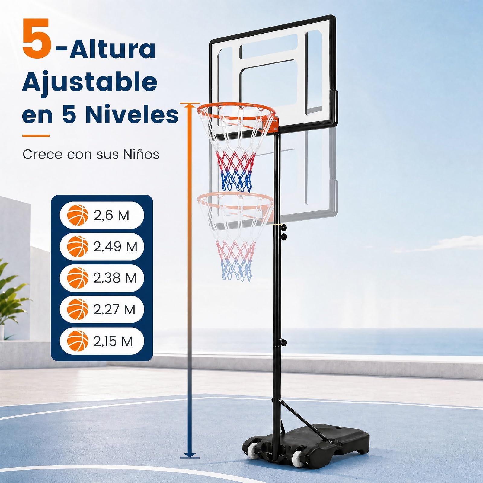 COSTWAY Canasta Baloncesto Exterior con Ruedas, Altura Ajustable 1,55-2,1 m
