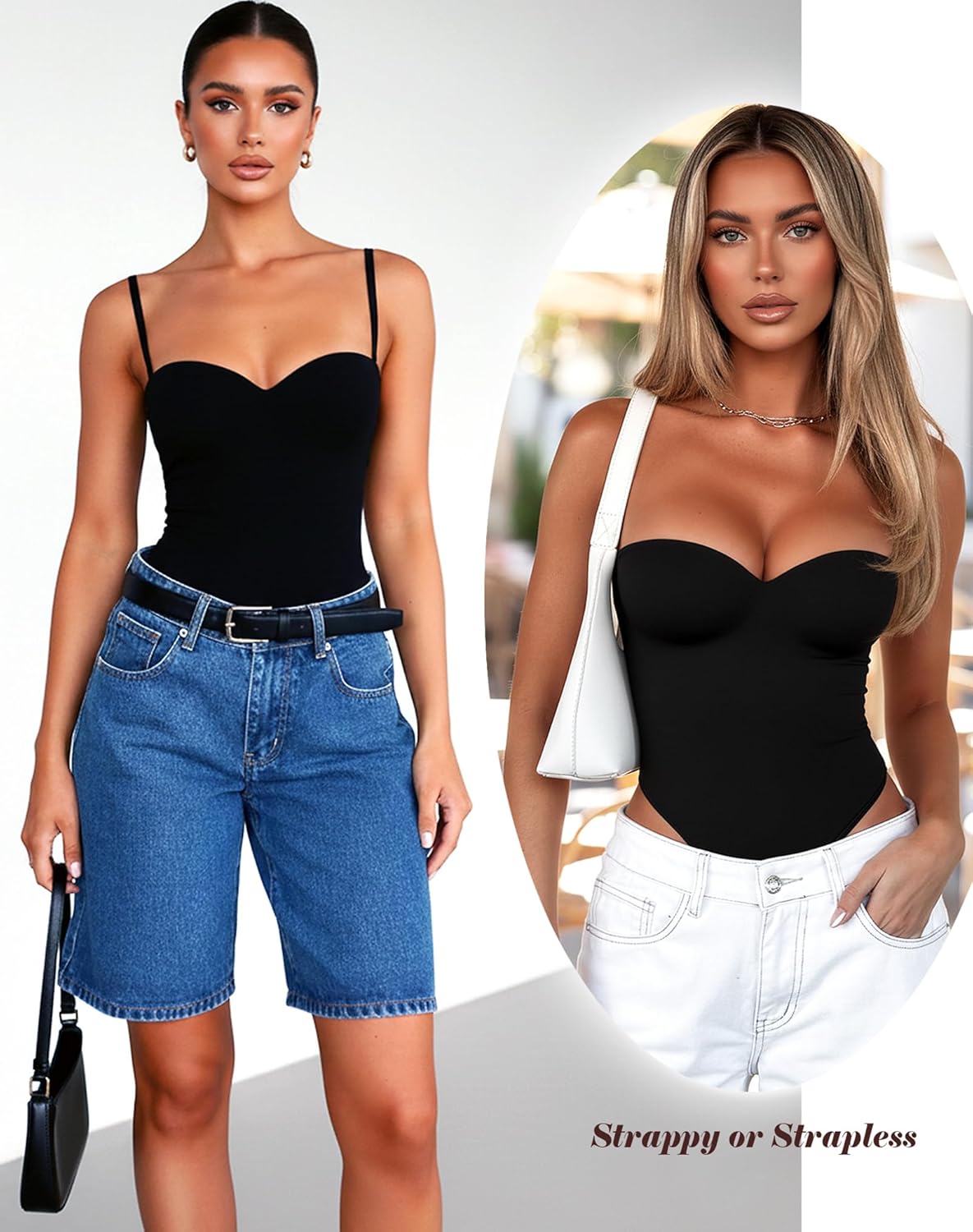 OZICERD Women Sexy Sweetheart Neck Cami Bodysuit Built in Bra Sleeveless Spaghetti Strap Tank Tops Body Suit Going out