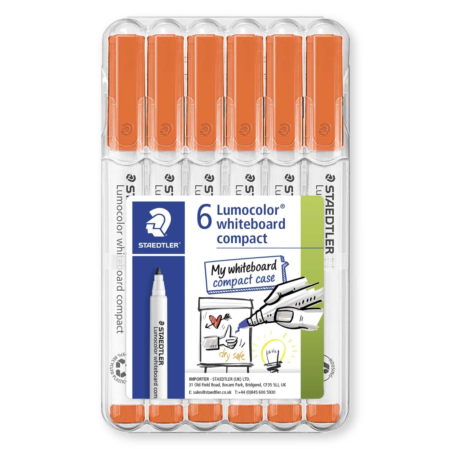 STAEDTLER 341 Compact Lumocolor Whiteboard Marker Pen - 1-2mm Bullet Tip - Dry Erase Markers - Wallet Pack of 6 Pens (Orange)