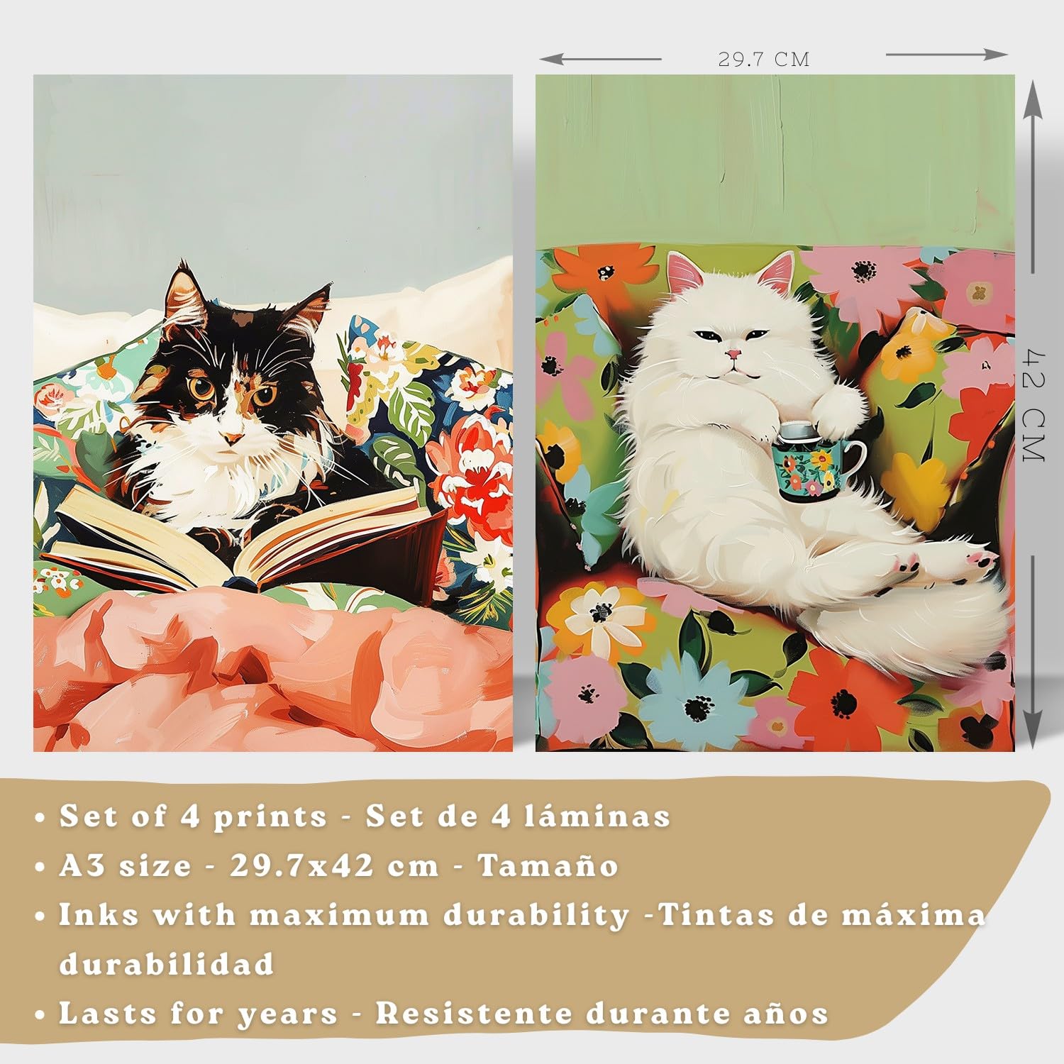 Nacnic Set De 4 Laminas Decorativas Gatos Divertidos Cuadros Salon Modernos - Posters Decorativos Animales Decoración Dormitorios Cocina Baño A3 Marco Blanco