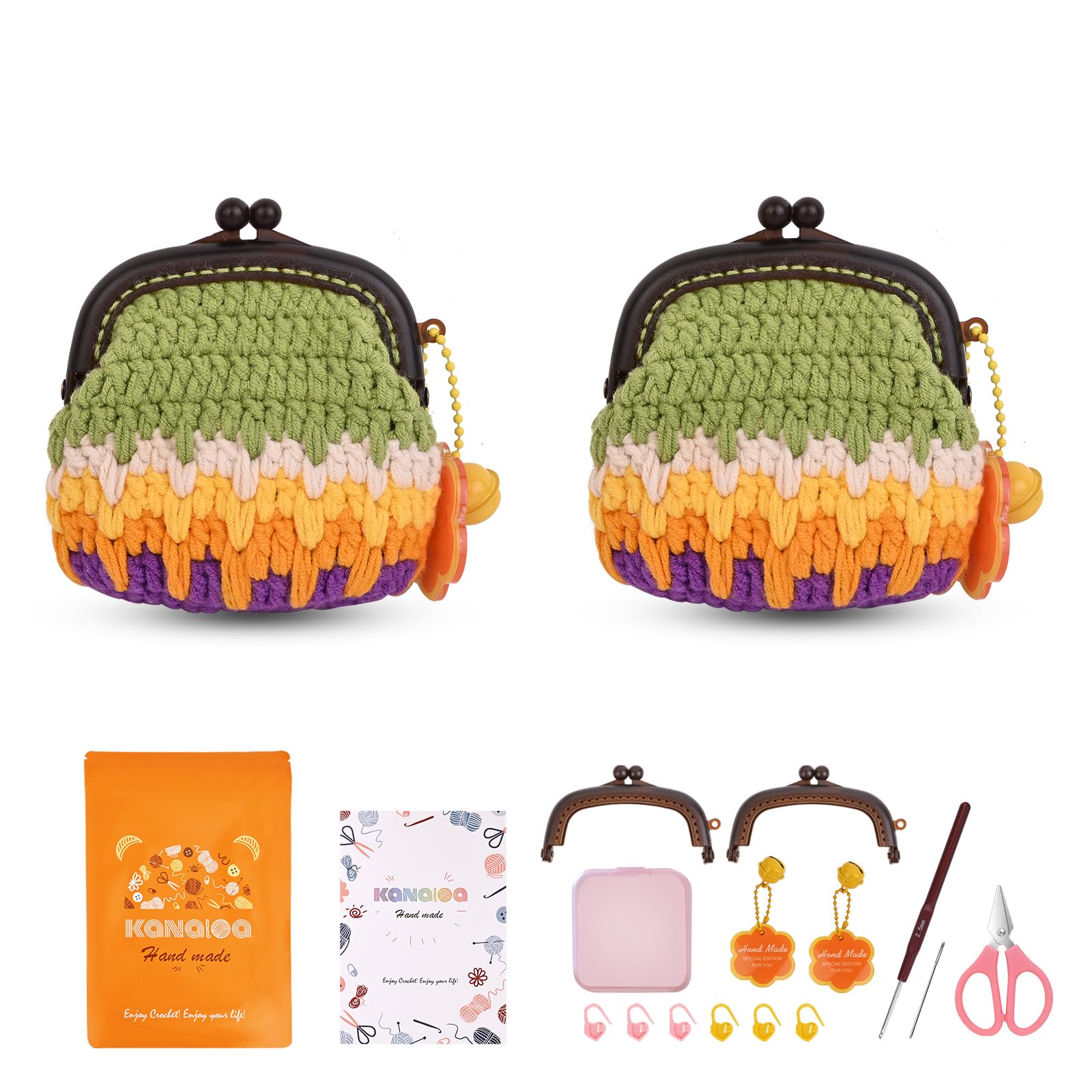 KANALOA Kits de ganchillo para principiantes, juego de punto hecho a mano con hilo, ganchos, tutoriales en video, bonitos regalos para adultos, mujeres, mini cartera vintage Kisslock monedero bolsa de