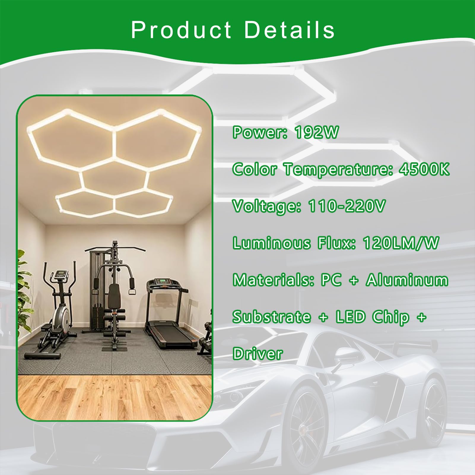Lampada LED Esagonale per Garage,4500K Plafoniera Soffitto Collegabile, Illuminazione per Dettagli Auto, Autolavaggio, Negozio e Esposizione,4500k