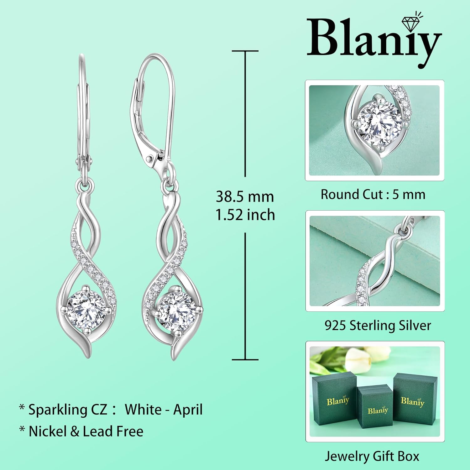 Infinity Dangle Drop Earrings for Women 925 Sterling Silver Leverback Earrings with Birthstone Jewelry Gifts for Women - Image 6