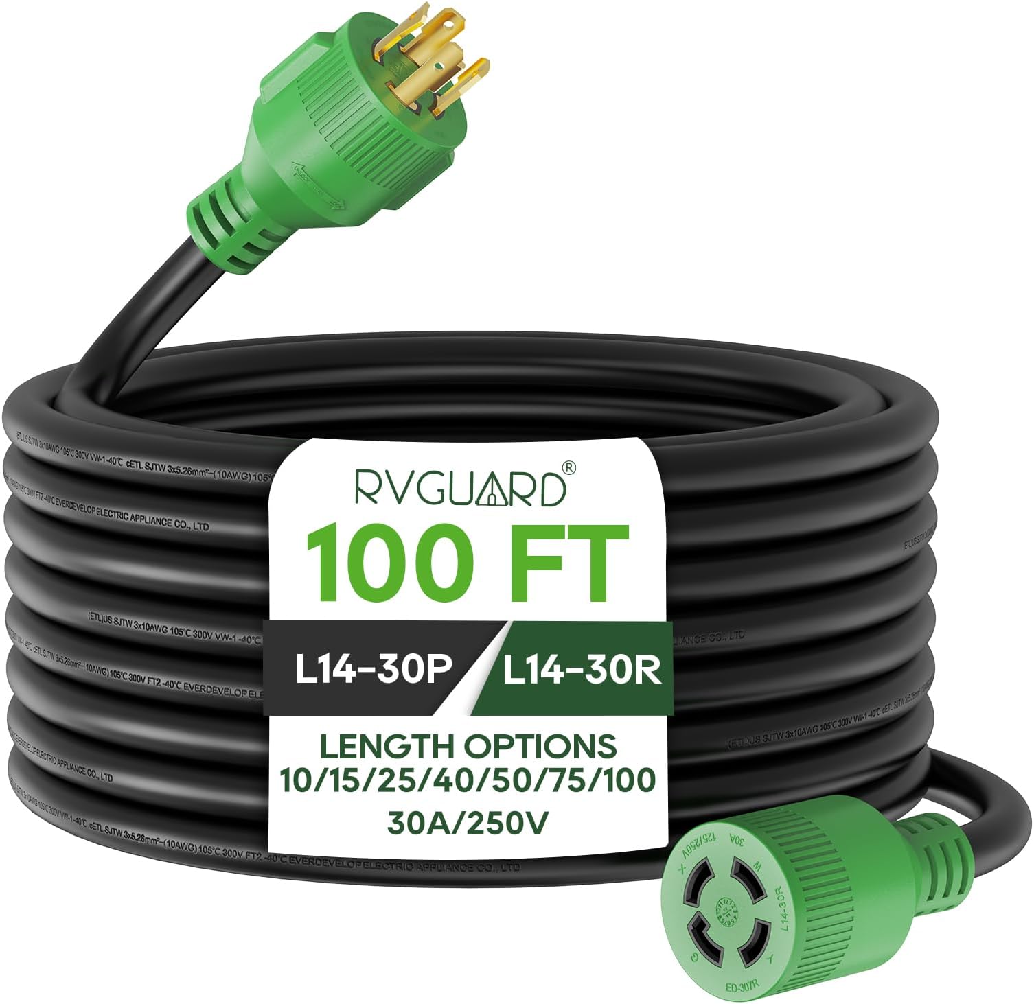 RVGUARD 4 Prong 30 Amp 100 Feet Generator Extension Cord, NEMA L1430P