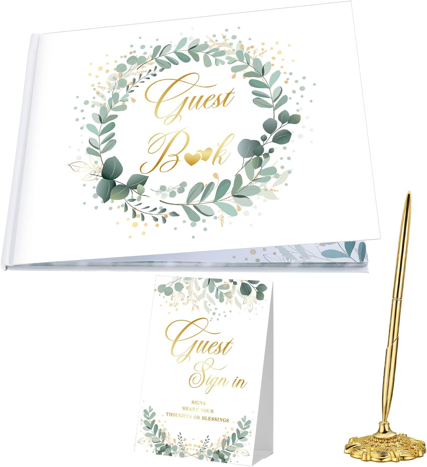 Geyee 3 Pcs Wedding Guest Book Set, Wedding Reception Registry Book with Pen and Holder Guestbook Registry Table Sign for Bridal Proposal(Eucalyptus)