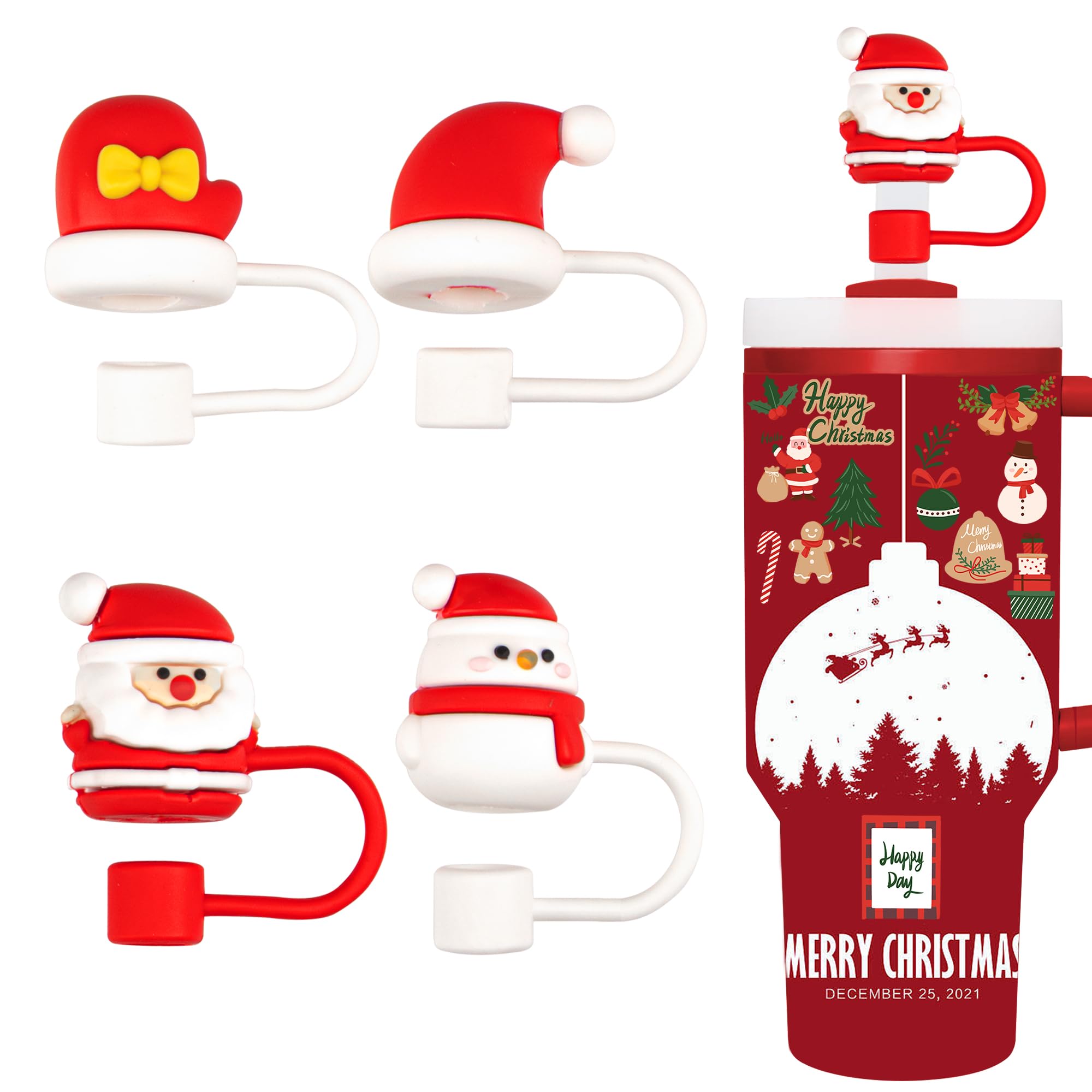 YUNAI 4PCS Christmas Stanley Straw Covers, 0.39’’ Silicone Cute Straw Covers Cap Compatible with Stanley 40 Oz Tumbler, Straw Toppers for Stanley Cup Christmas Decoration Gifts