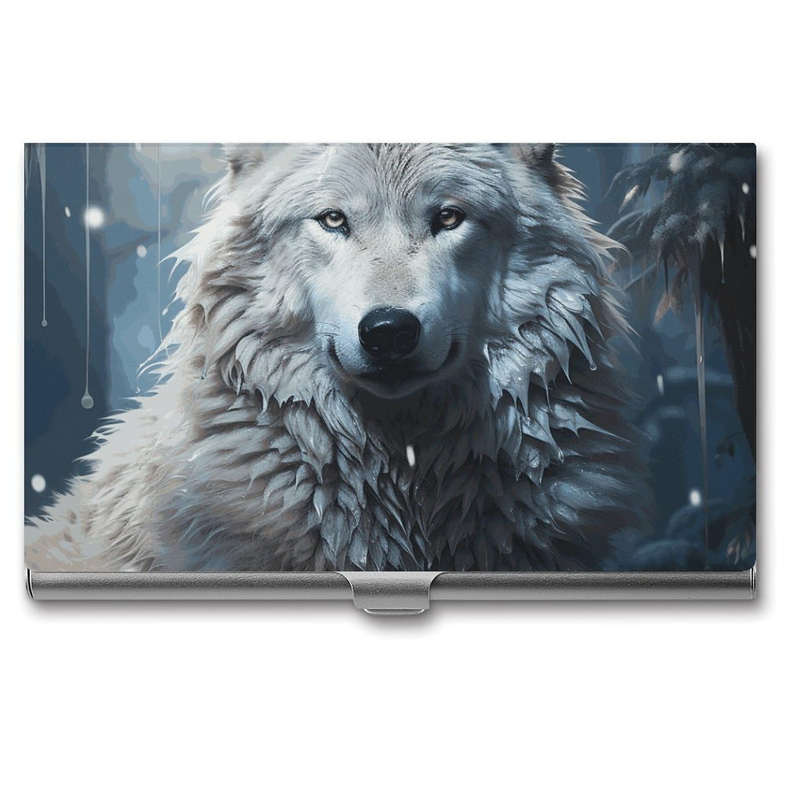 BTCOWZRV Wolf Sitting in The Snow Business Card Holder Metal Slim Business Card Case, Pocket Card Holder for Men Women Purse Name Card Holder Stainless Steel Wallet Credit ID Case for Office
