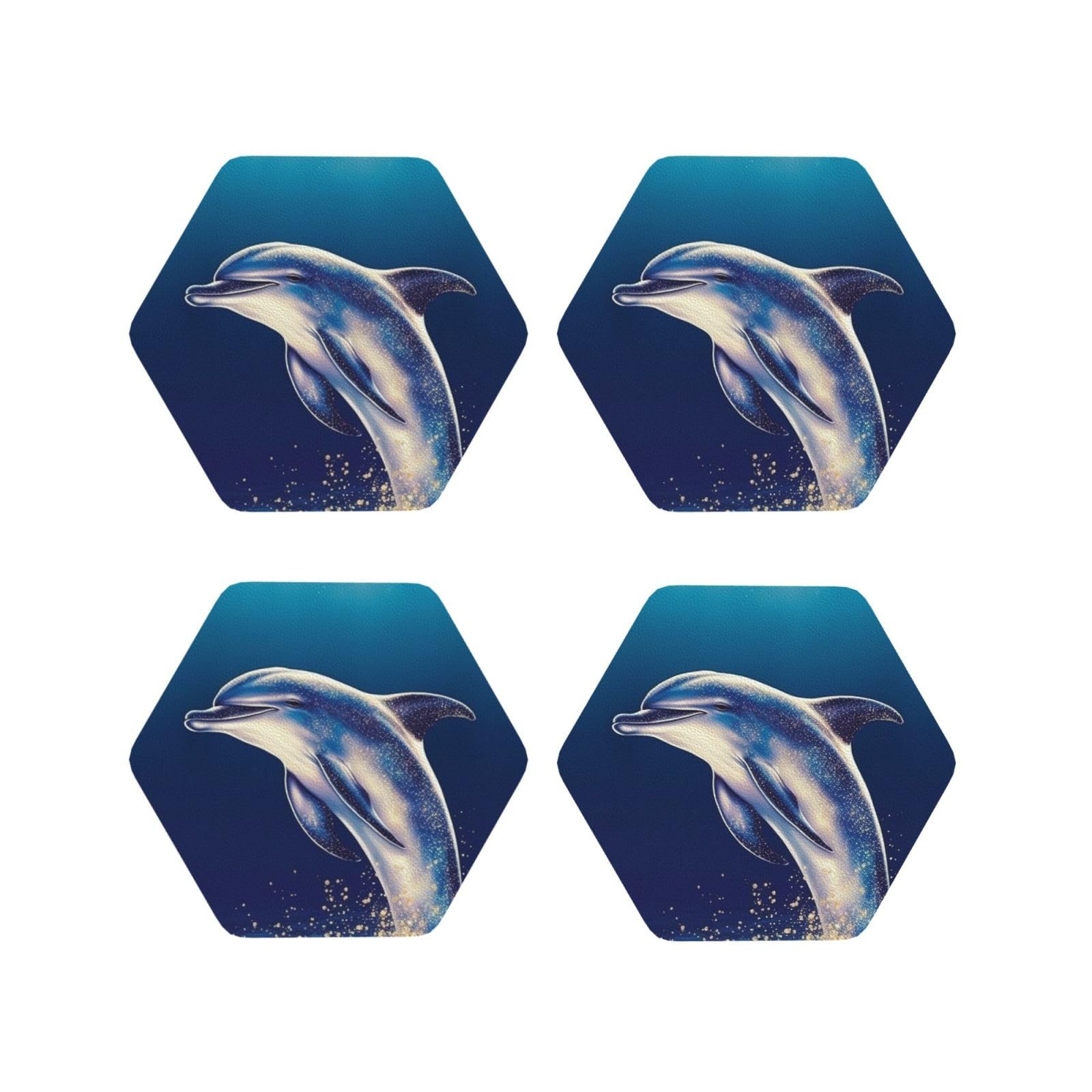 4Pcs PU Leather Coaster for Drinks, Glitter Dolphin Cup Coastersr 4" Cup Mat Pad, Aesthetic Drink Coasters for Coffee Table, Hexagon Coaster for Tabletop Protection