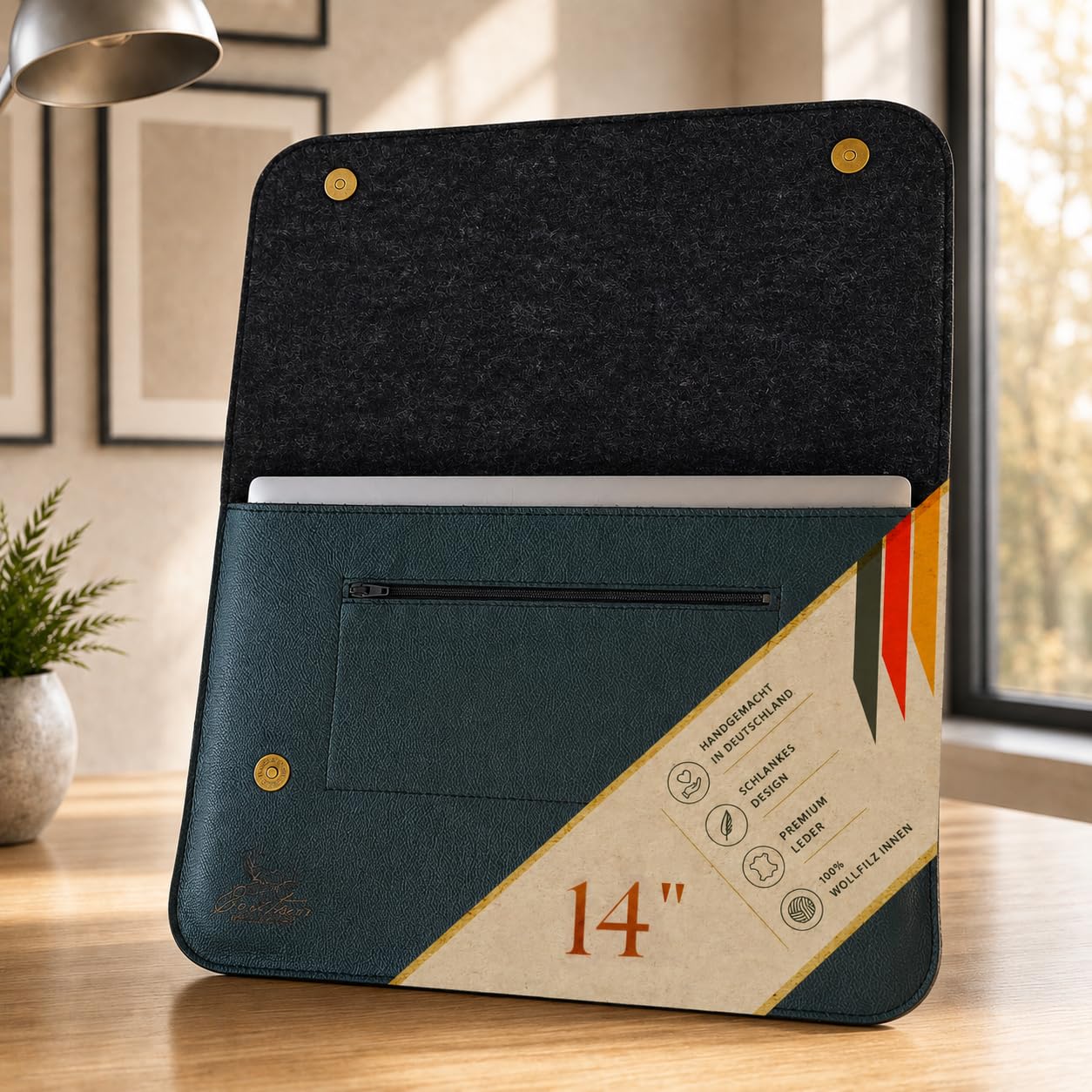 Centaur Custodia per laptop di alta qualità in vera pelle italiana e 100% feltro di lana, realizzata in Germania, elegante custodia con scomparto extra, custodia protettiva per notebook da 14", verde