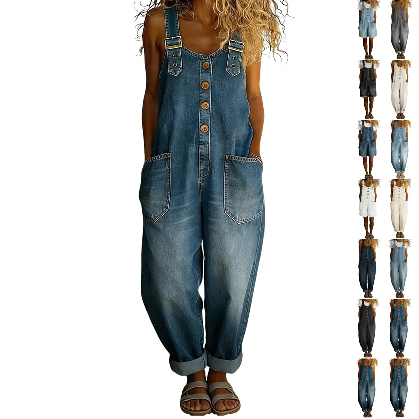 Générique Salopette En Jean Pour Femme - Sans Manches Coupe Ample Vintage En Denim De Lavé Combinaisons à Jambes Larges Conception De Boutons Et Bretelles Réglables Avec Poches Décontracté Pantalon