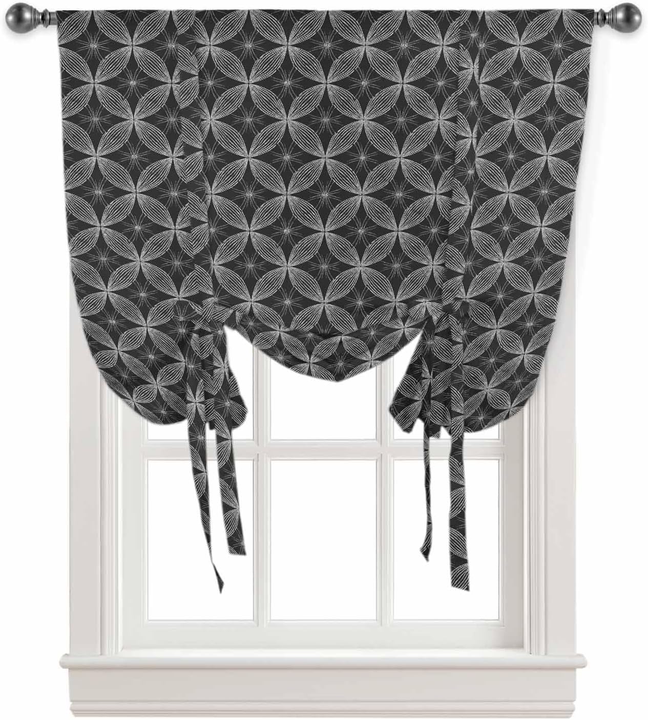 SEVENBABU Tie Up Curtains for Windows 52 Wide Tie Up Curtains Polyester Tie Up Valance Abstract Symmetry Geometic Pattern Gray Balloon Window Shade Curtains for Kitchen Bathroom Small Windows 52"x63"