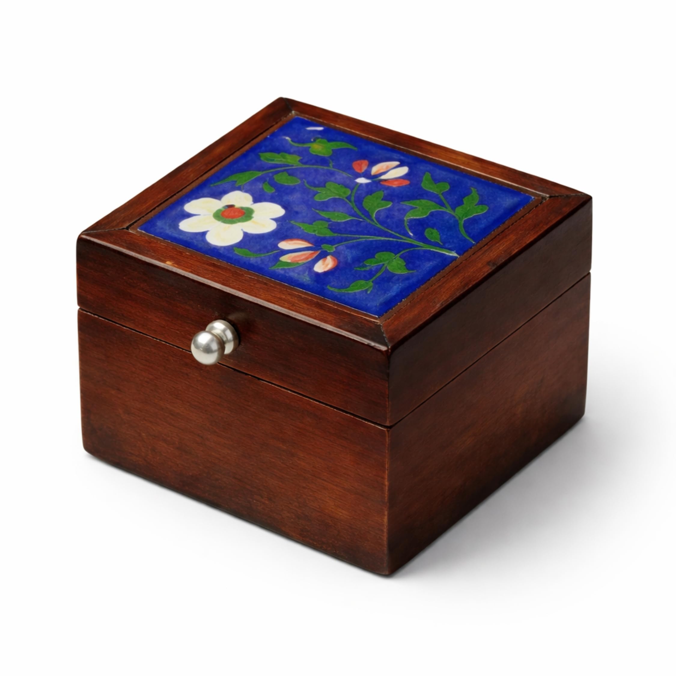 Wooden Ceramic Tile Mini Storage Box for Jewelry & Keepsakes | Handcrafted Wooden Box with Decorative Ceramic Tile Top | Trinket Organizer for Home Décor | Multicolor (7 x 4 x 3 Inches)-image-10