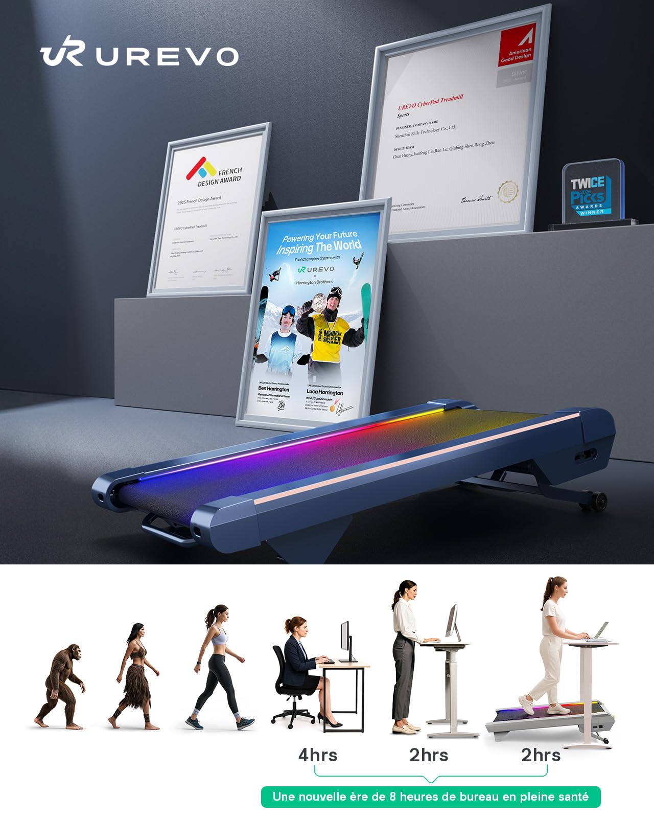 UREVO Tapis de Marche Inclinable Automatique 14% avec SmartAPP | Moteur silencieux sans balais, design futuriste CyberPad, tapis LED pleine surface, tapis de course pro pour maison et bureau