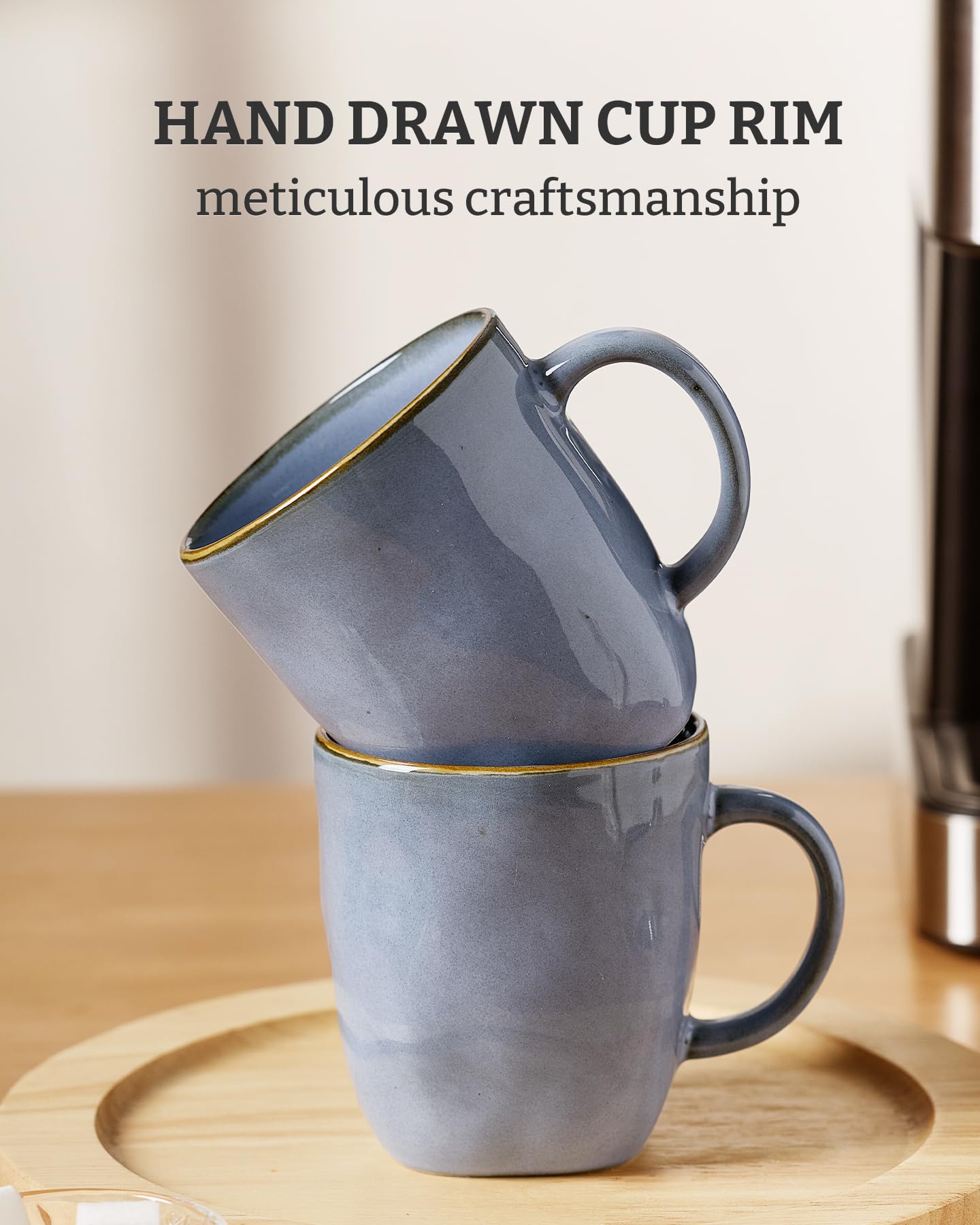 famiware Lot de 4 tasses à café carrées océan de 390 ml avec poignée pour cacao, lait, chocolat chaud, thé, eau, céramique pour cuisine, micro-ondes et lave-vaisselle, bleu