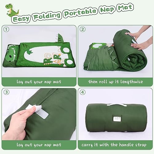 Miniatura 5 de Tapete para siesta de dinosaurio con almohada extraíble y manta, saco de dormir para niños con almohada con costuras reforzadas, lavable a máquina,