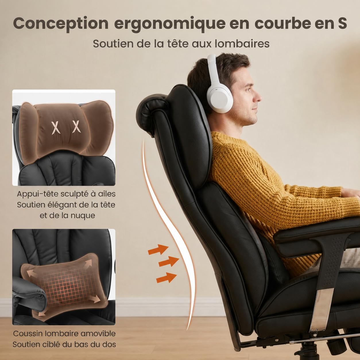 Efomao Fauteuil Gaming Bureau Grande Taille, Chaise Ergonomique en Similicuir PU 200KG, Siège Ordinateur Réglable à Dossier Haut, Pivotant avec Repose-Pieds et Coussin Lombaire