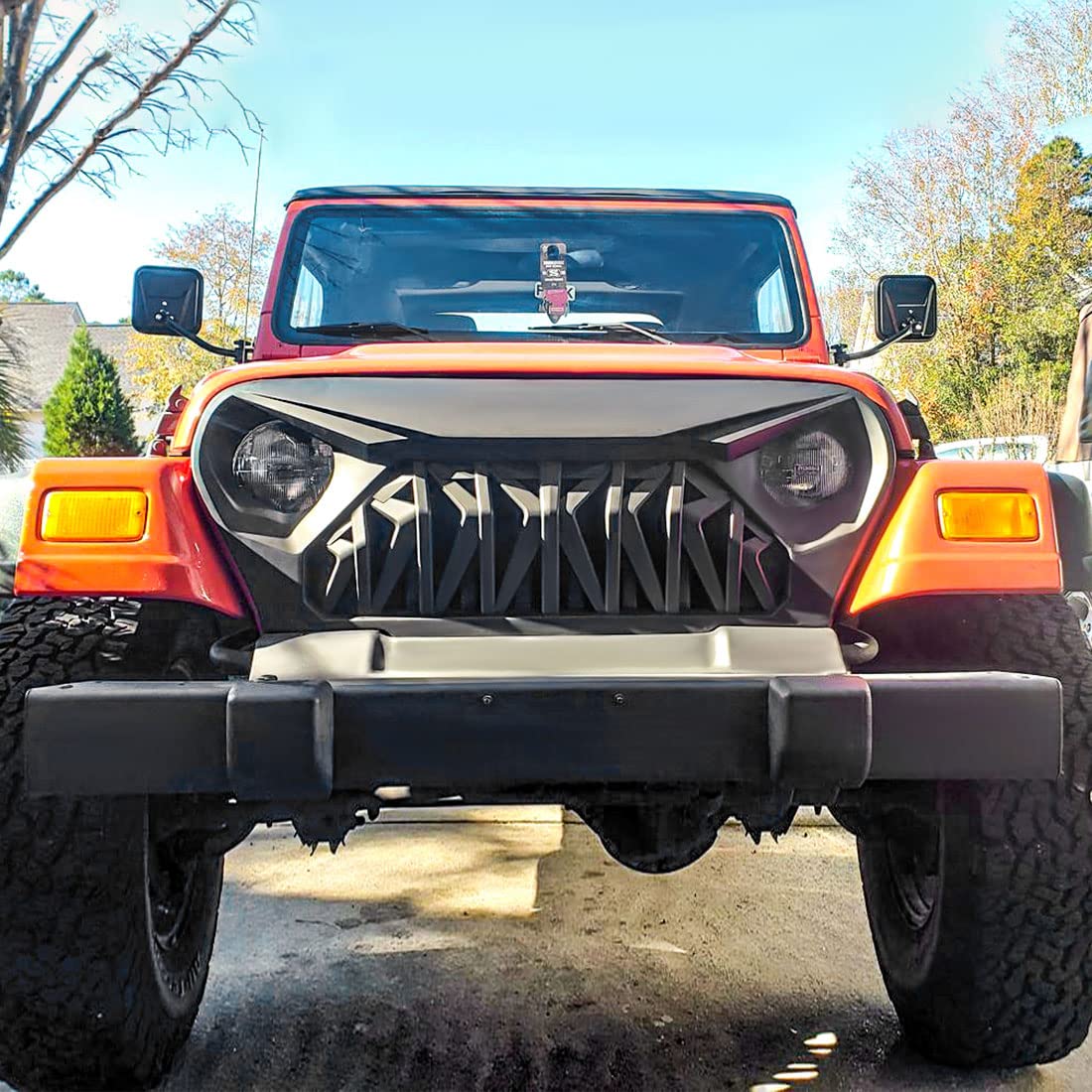 Front Shark Grille Replacement Compatible with 1997-2006 Jeep Wrangler TJ | Matte Black Finish ABS Material Bolt-On Installation Replaces OEM Factory Grille product thumbnail 6