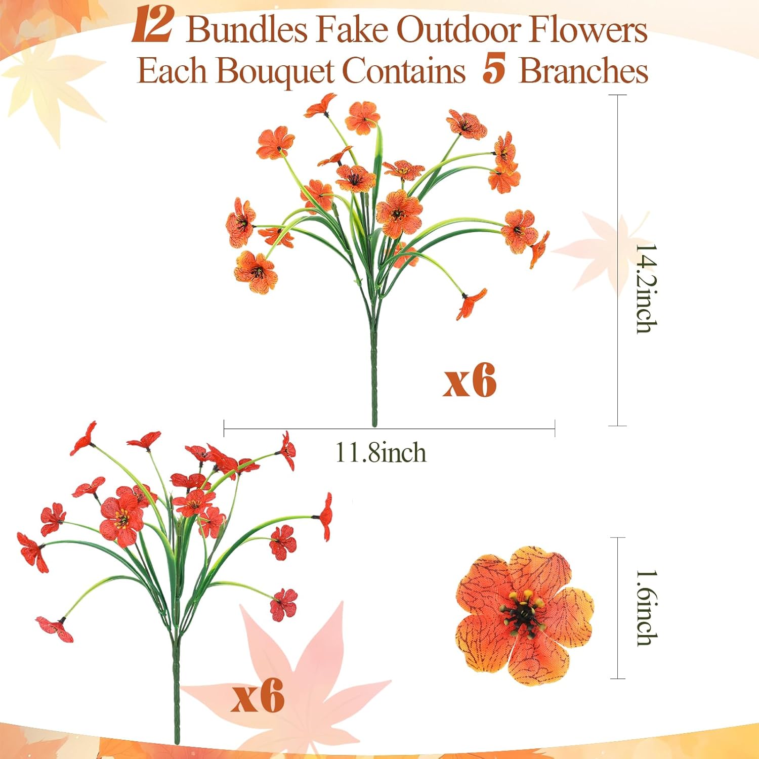 MACTING Artificial Fall Flowers for Outdoors 12 Bundles Faux Mums Outdoor Plants UV Resistant Fake Silk Flowers for Planters Garden Porch Patio Indoor Outside Autumn Thanksgiving Decor,Orange & Red - Image 5
