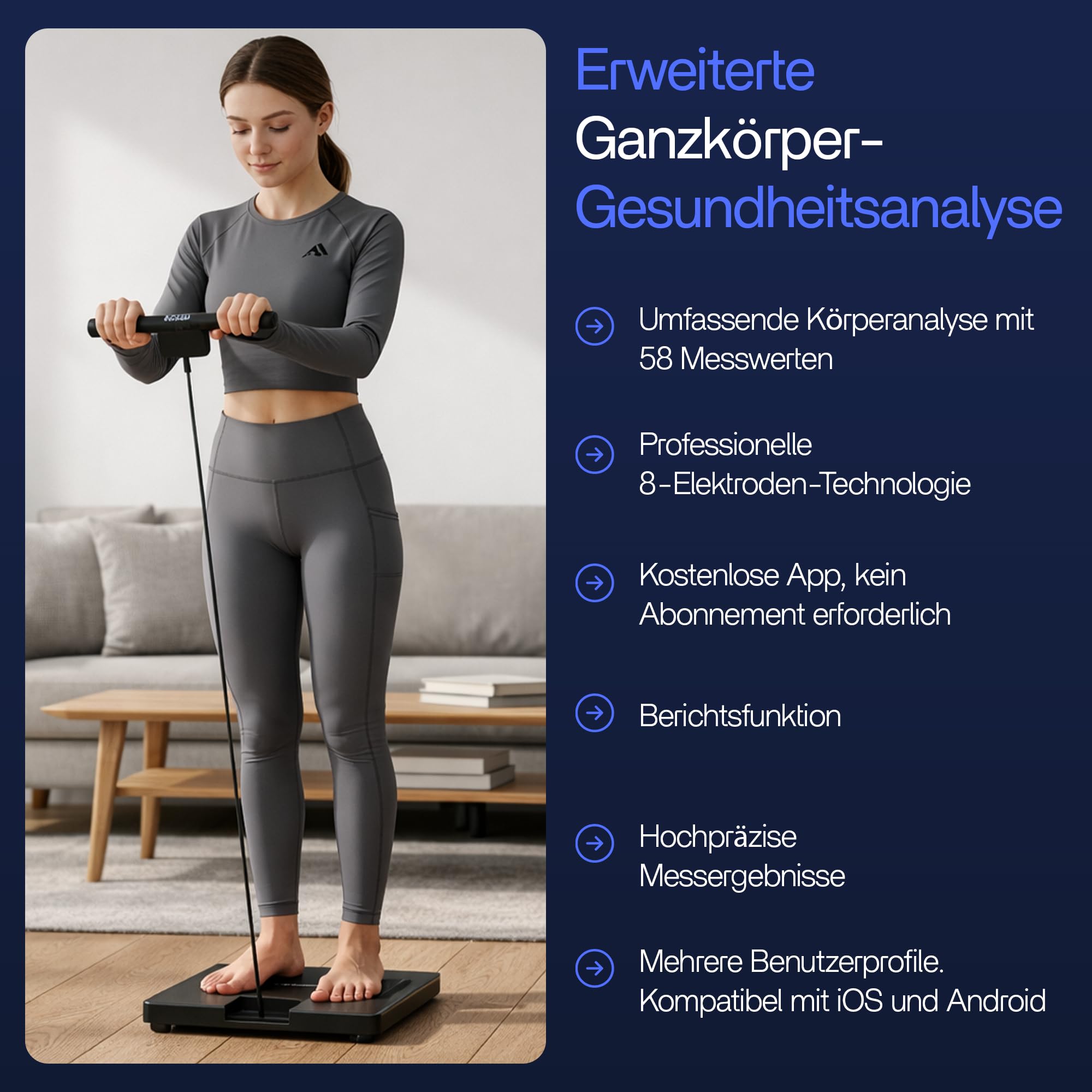 Körperanalyse-Waage – Smart Körperfettwaage mit 58 Gesundheitsmetriken, 8-Elektroden-Technologie, hochpräzise Messung, kostenlose App ohne Abo, Multi-User, Bluetooth & Reportfunktion
