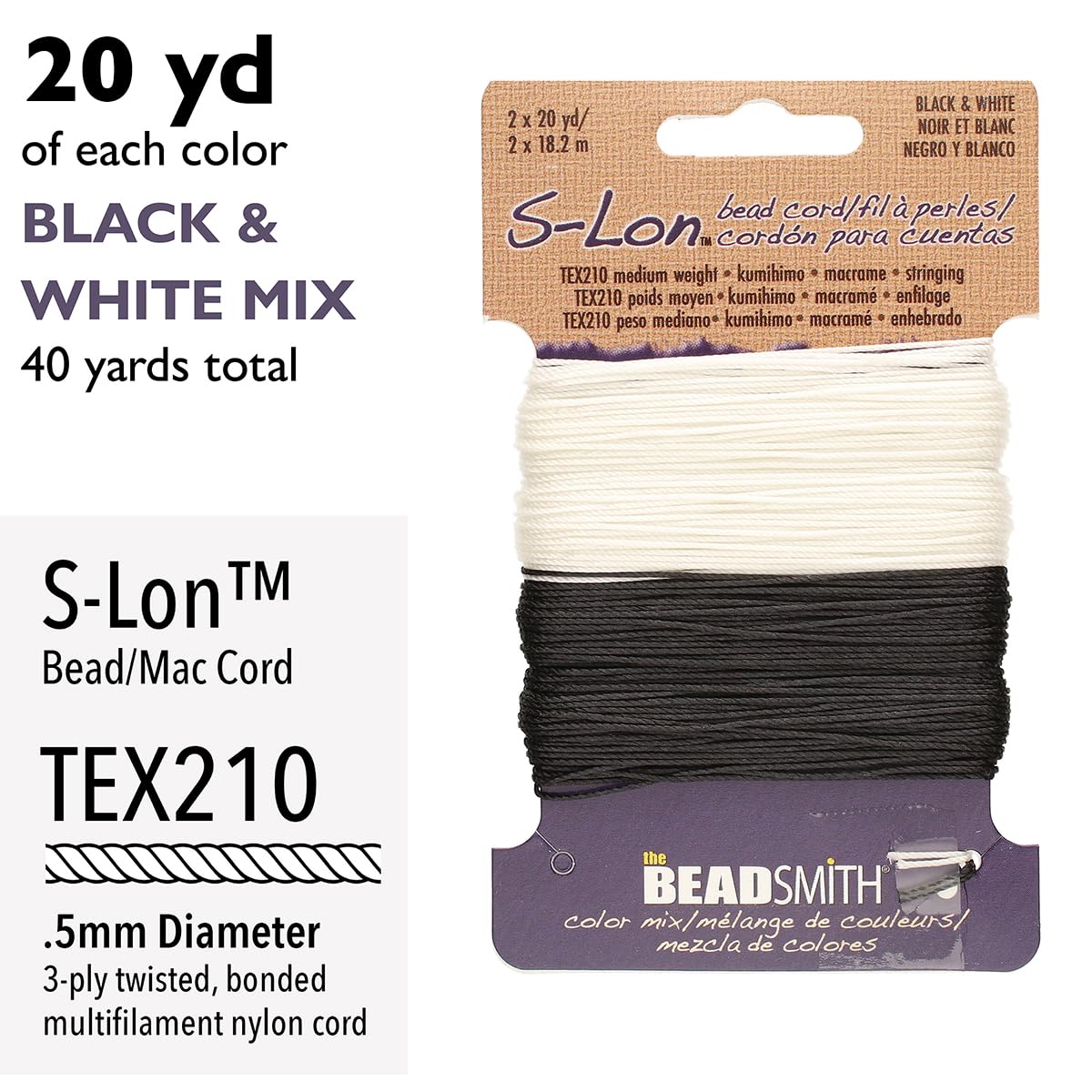 The Beadsmith S-Lon #18 - Corda in nylon bianco e nero – Tex210 Cord, diametro 5 mm, 20 metri ciascuno, ideale per infilare perline all'uncinetto e gioielli micro-macramè - compatibile con progetti