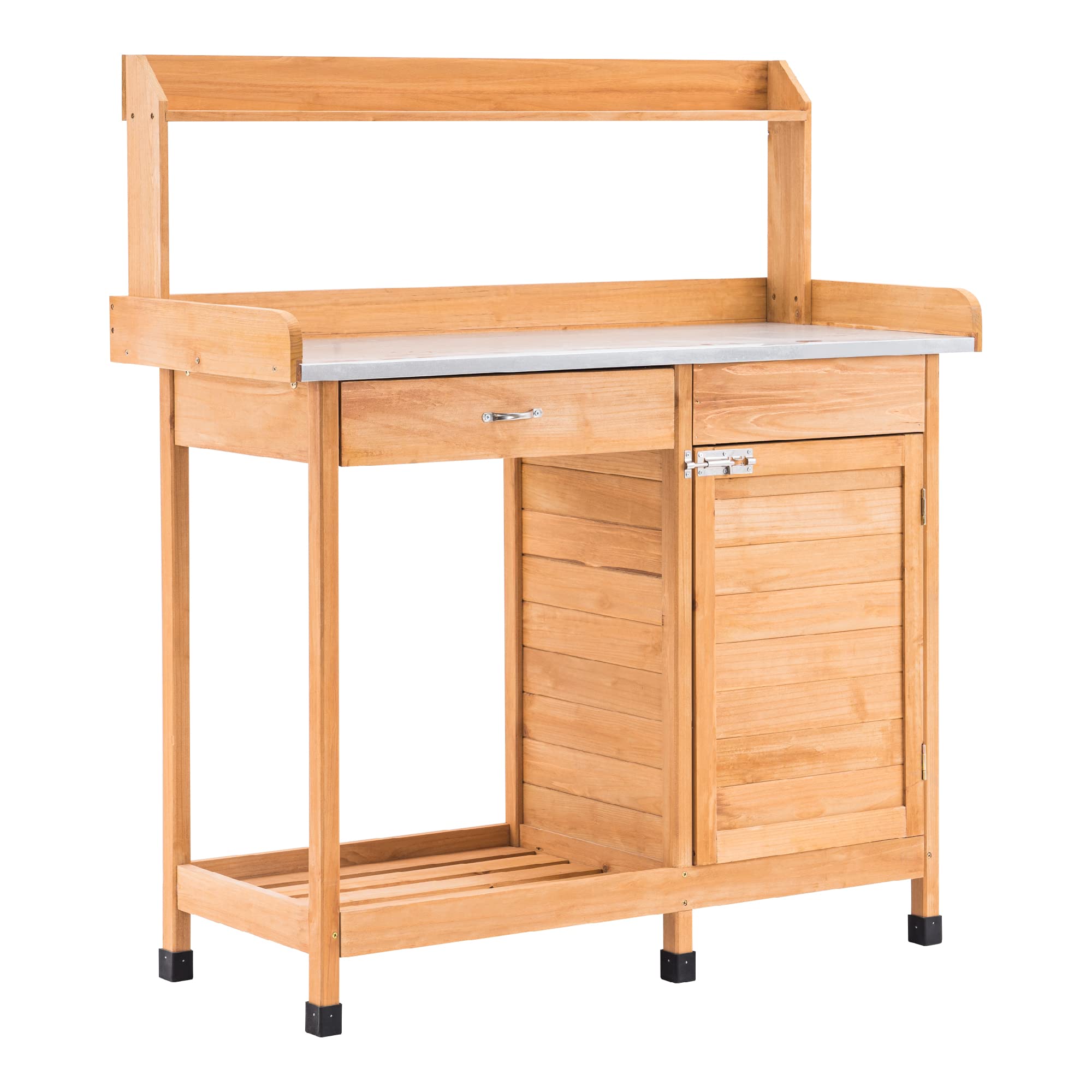 M MCombo Tavolo Giardinaggio Cassetto, Ripiano, Piano Zincato & Armadio, Tavolo Giardiniere Impermeabile 3 Ganci, Tavolo Piante Legno Massello Giardino/Balcone/Terrazza, 0440 (Naturale)
