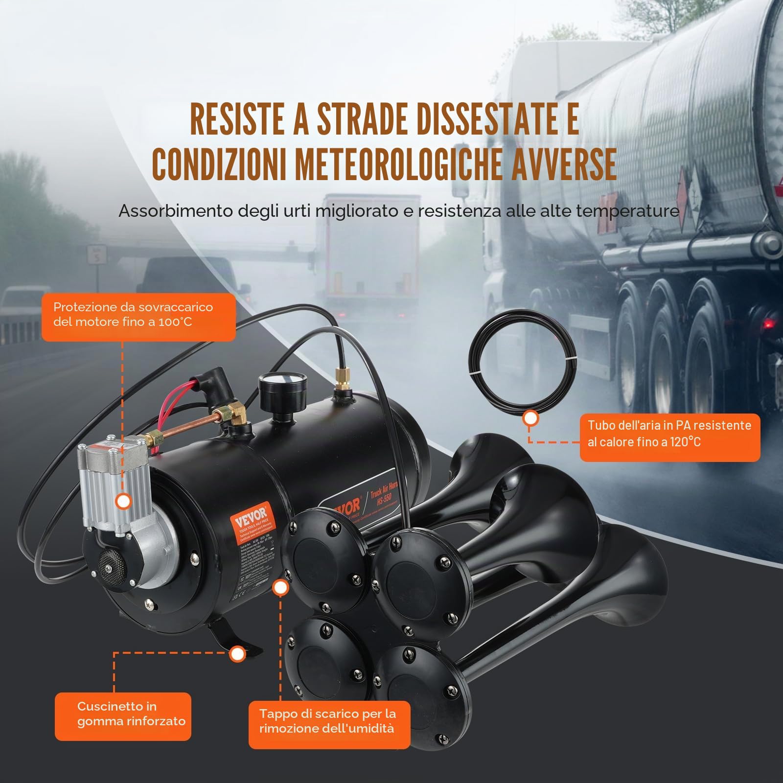 VEVOR Kit Compressore d'Aria 12V Serbatoio da 3 Litri, Kit Compressore d'Aria per Clacson Tromba, Pressione di Esercizio 90-120 PSI, Sistema di Compressore d'Aria Integrato per Clacson Tromba Camion